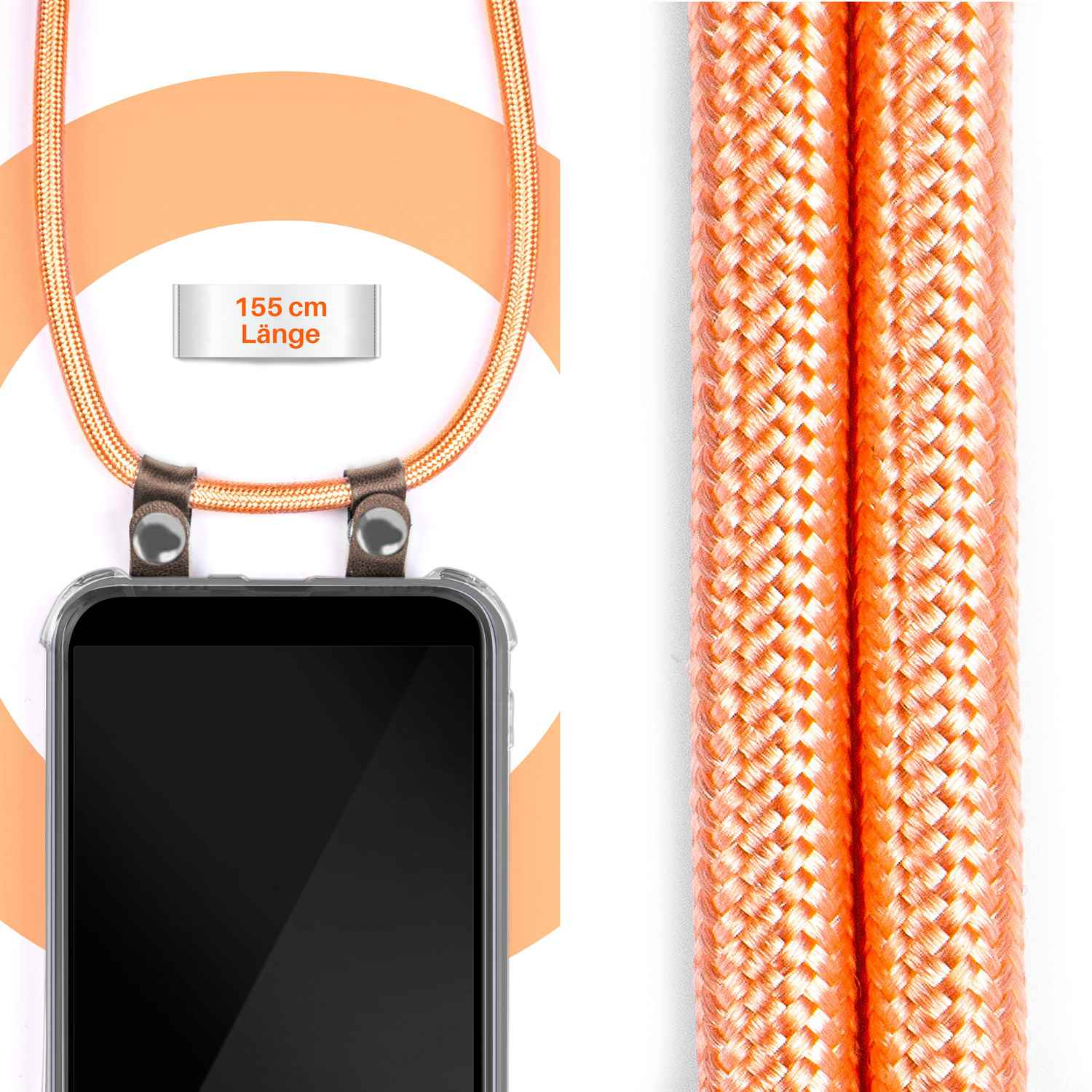 Oranges Handy-Lanyard mit Handyhülle und Messetikett. Weißer Hintergrund.