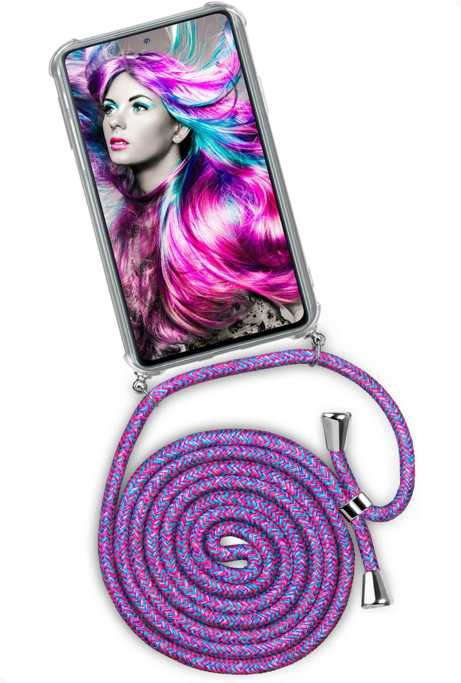 Telefon mit lila und blauem Kabel. Der Bildschirm zeigt eine Frau mit bunten Haaren.