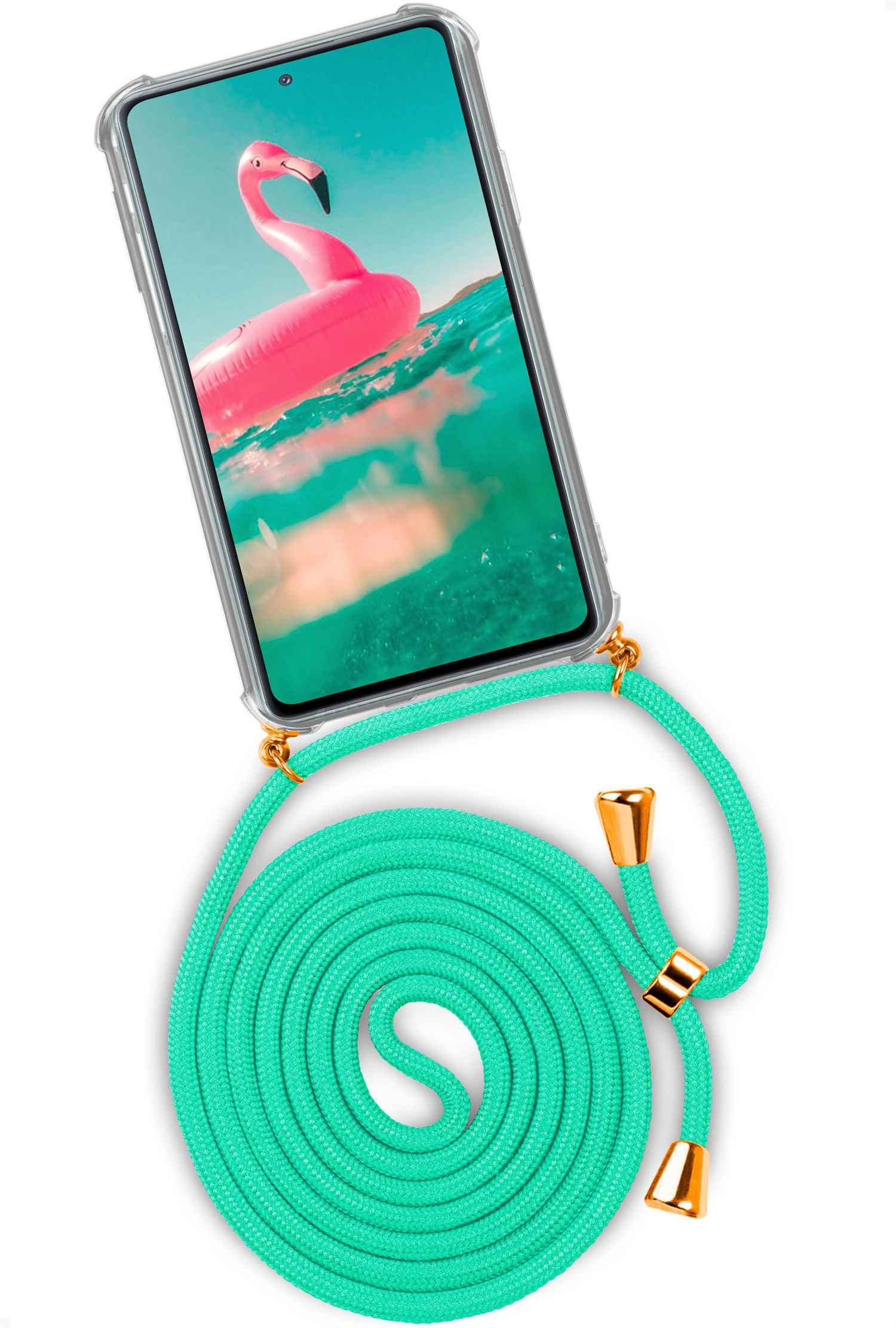 Telefon mit türkisblauem Seil. Display zeigt Flamingo im Wasser. Weißer Hintergrund.