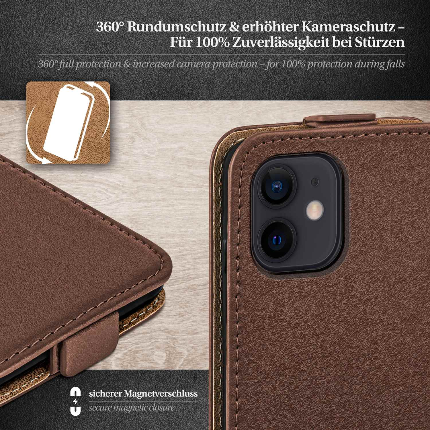 Eine braune Leder-Handyhülle mit Telefon, mit Text über Schutz.