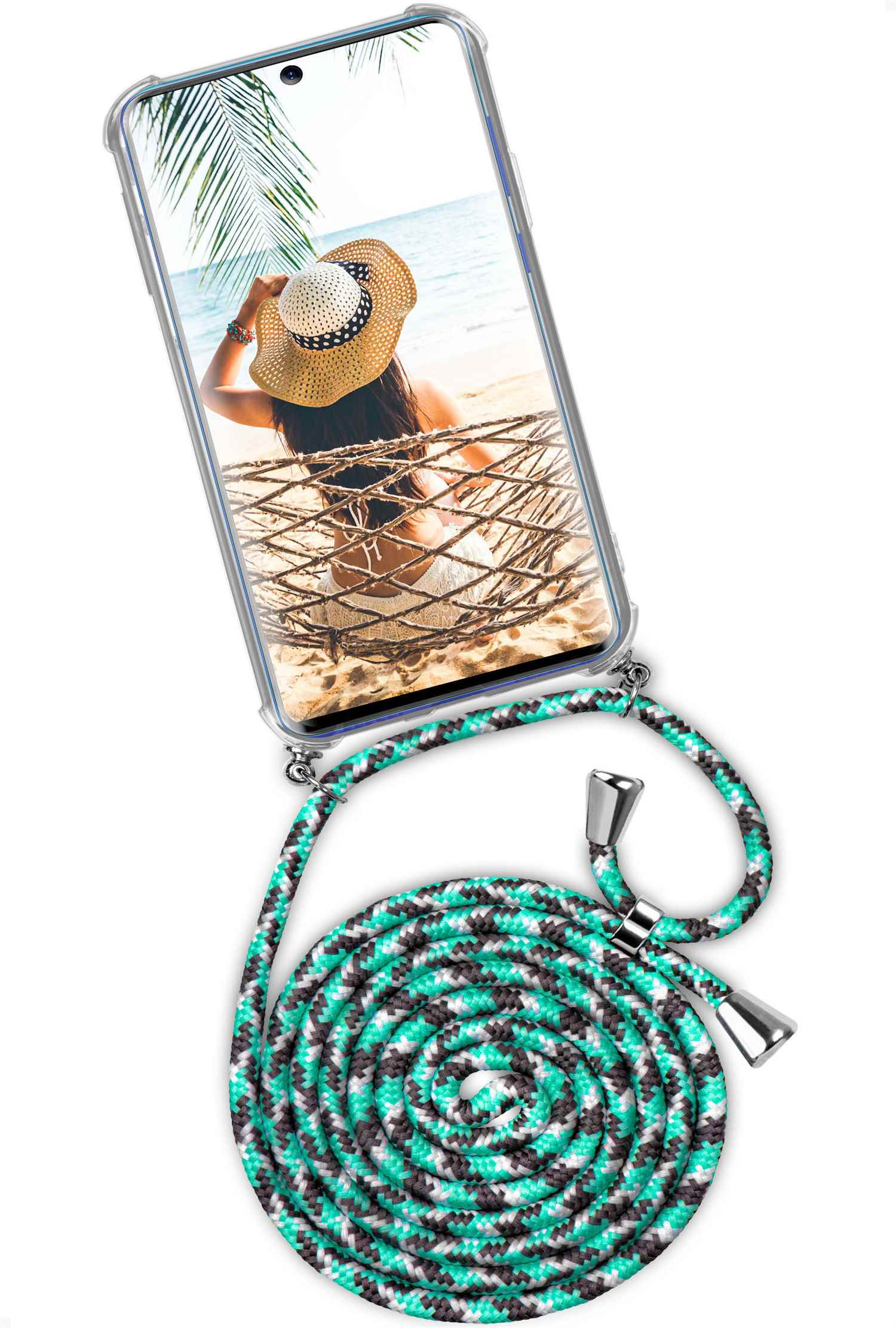 Handyhülle mit Frau am Strand, grün-schwarze Kordel.
