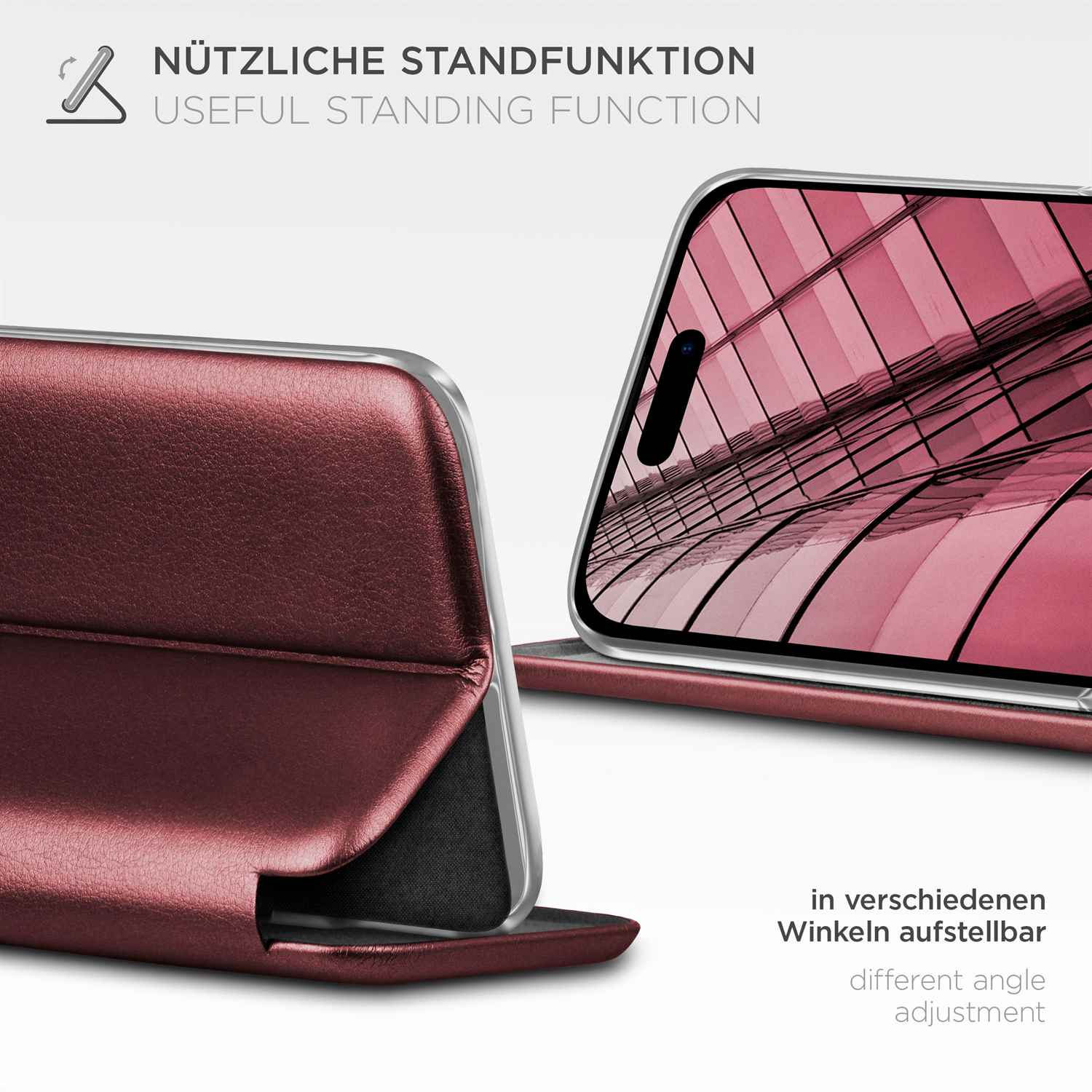 Handyhülle mit Standfunktion. Text auf Deutsch.
