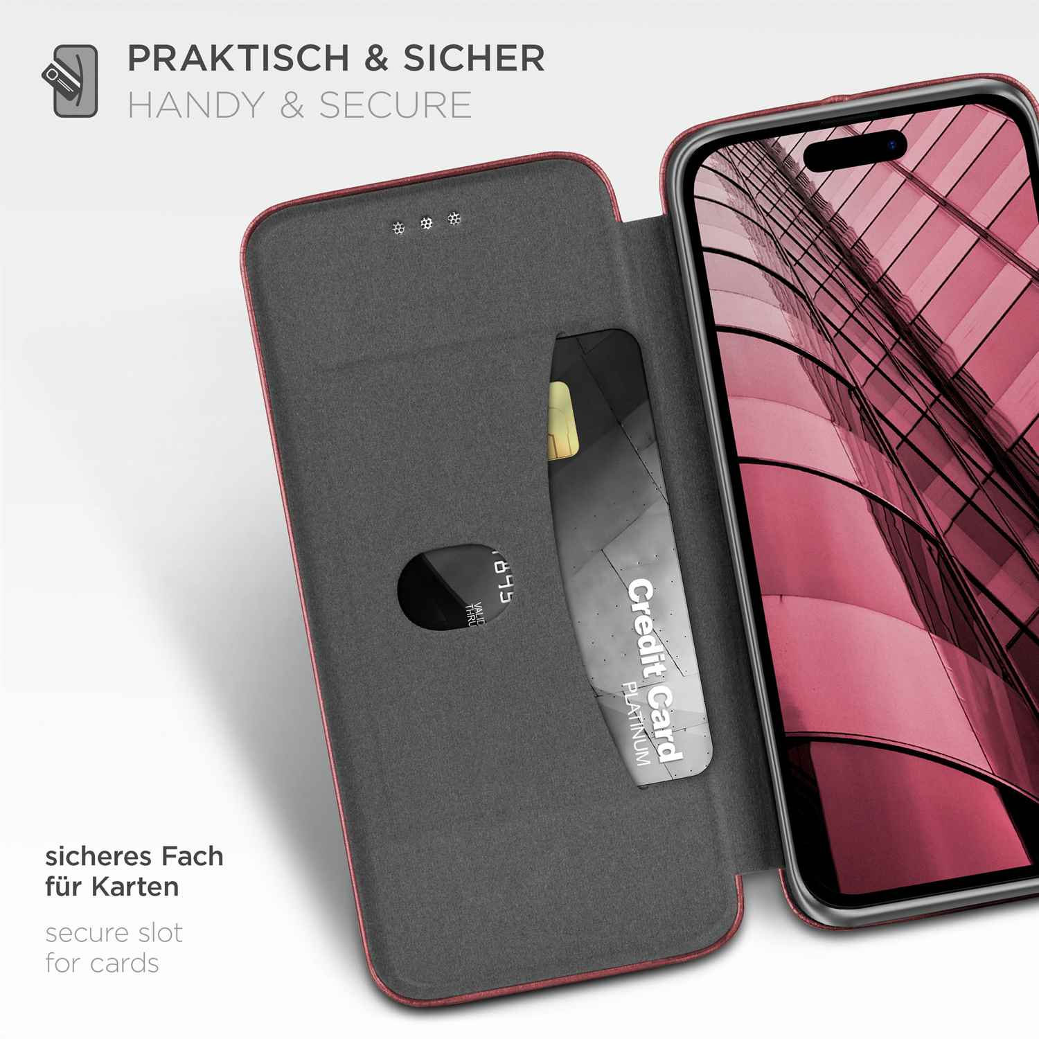 Rotes Handy-Case mit Kreditkartenfach. Kreditkarte sichtbar. Text: 'Handy & Secure'.