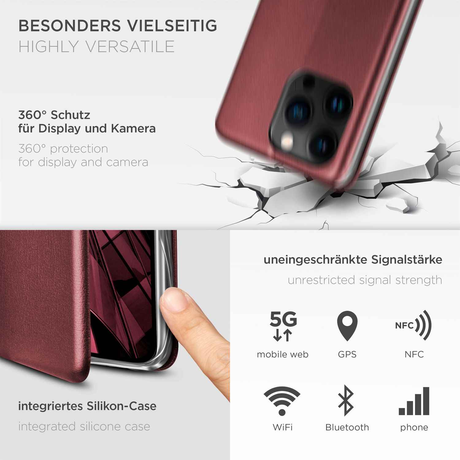 Eine weinrote Handyhülle mit Informationen über ihre Schutzfunktionen und drahtlosen Fähigkeiten.