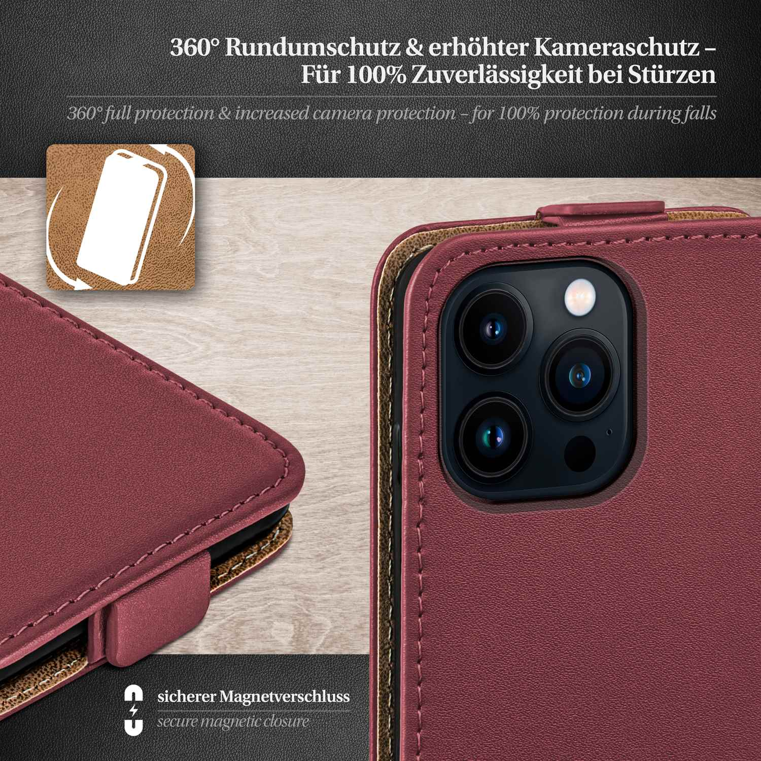 Burgunderfarbene Handyhülle mit Telefon darin. Text: 360° Rundumschutz und sicherer Magnetverschluss.