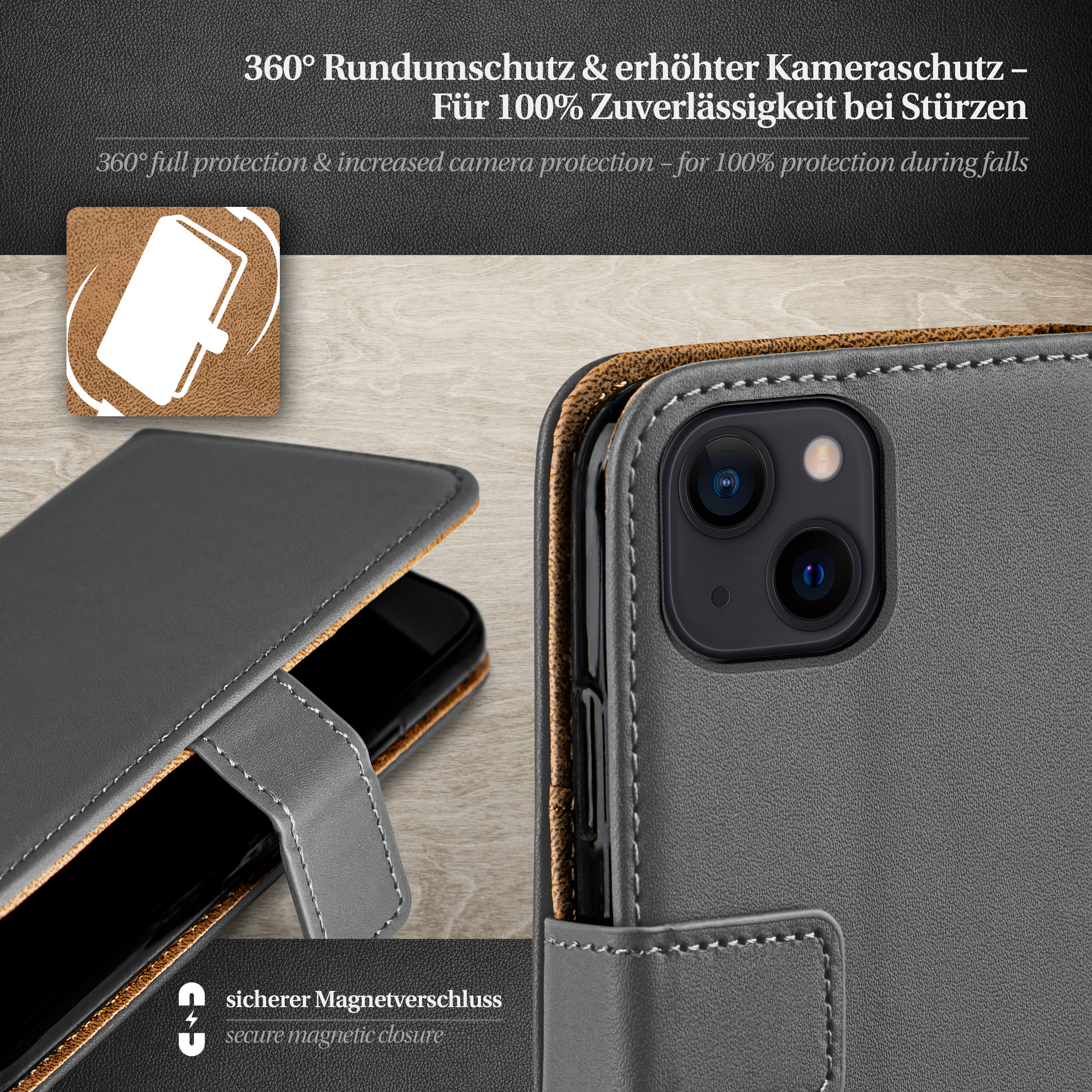 Book iPhone Bookcover, Apple, MOEX 14 Plus, Anthracite-Gray Case,