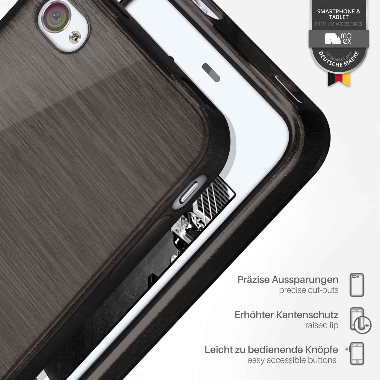 Handyhülle mit schwarzem Rahmen und Details. Die Hülle hat ein Logo und Text, der präzise Aussparungen sagt.