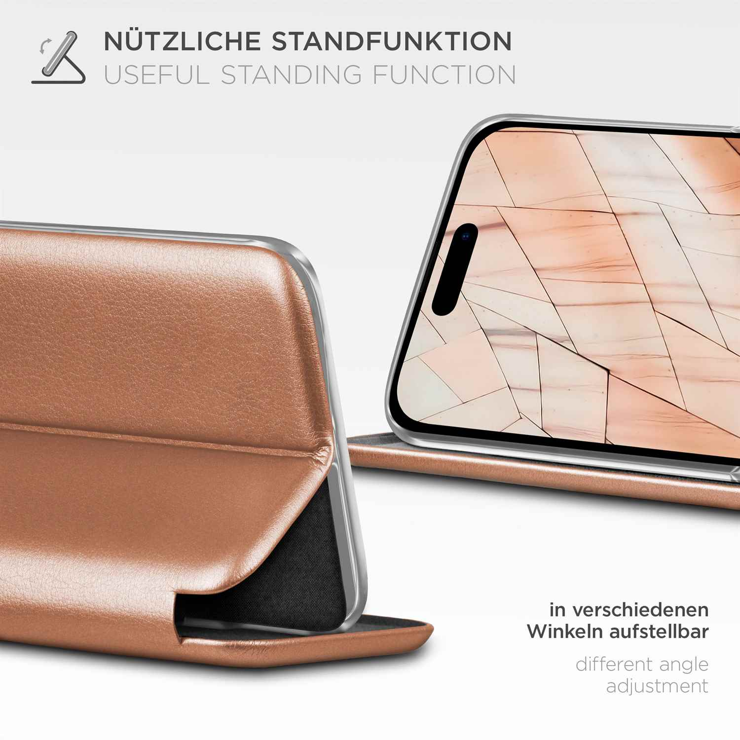 Eine braune Handyhülle mit einem angezeigten Telefon, das ihre Standfunktion demonstriert.