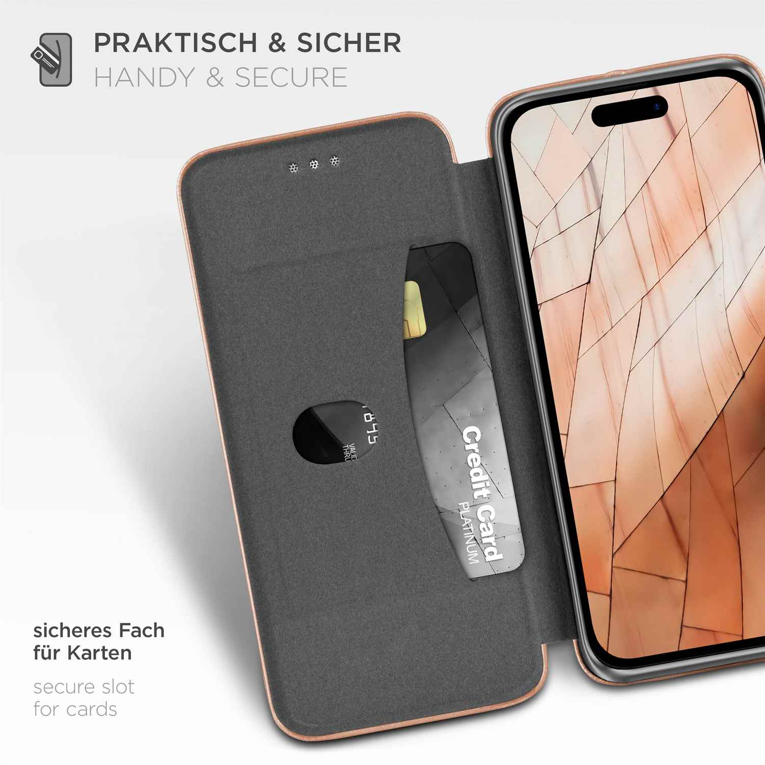Eine Telefonhülle mit Kartenfach ist geöffnet. Eine Kreditkarte ist in dem Schlitz sichtbar.