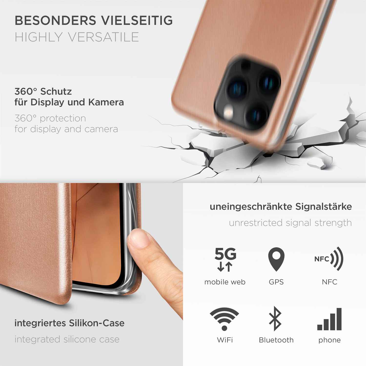 Roségoldenes Handycase, Schutzfunktionen und verschiedene Symbole für Signalstärke.
