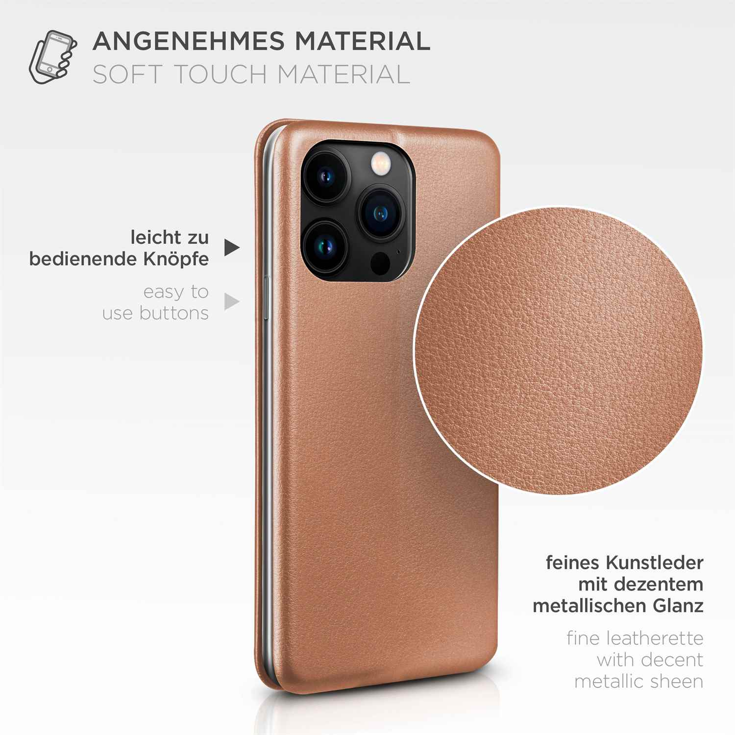 Eine braune Handyhülle mit einem Telefon darin und einigen Details an der Seite.