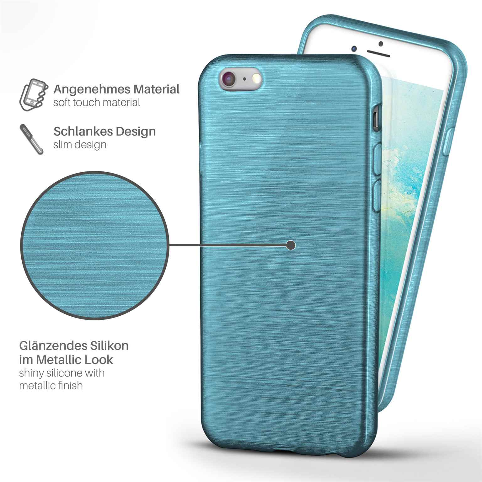 Eine türkisblaue Handyhülle mit Metallic-Finish, die ein Telefon im Inneren zeigt.