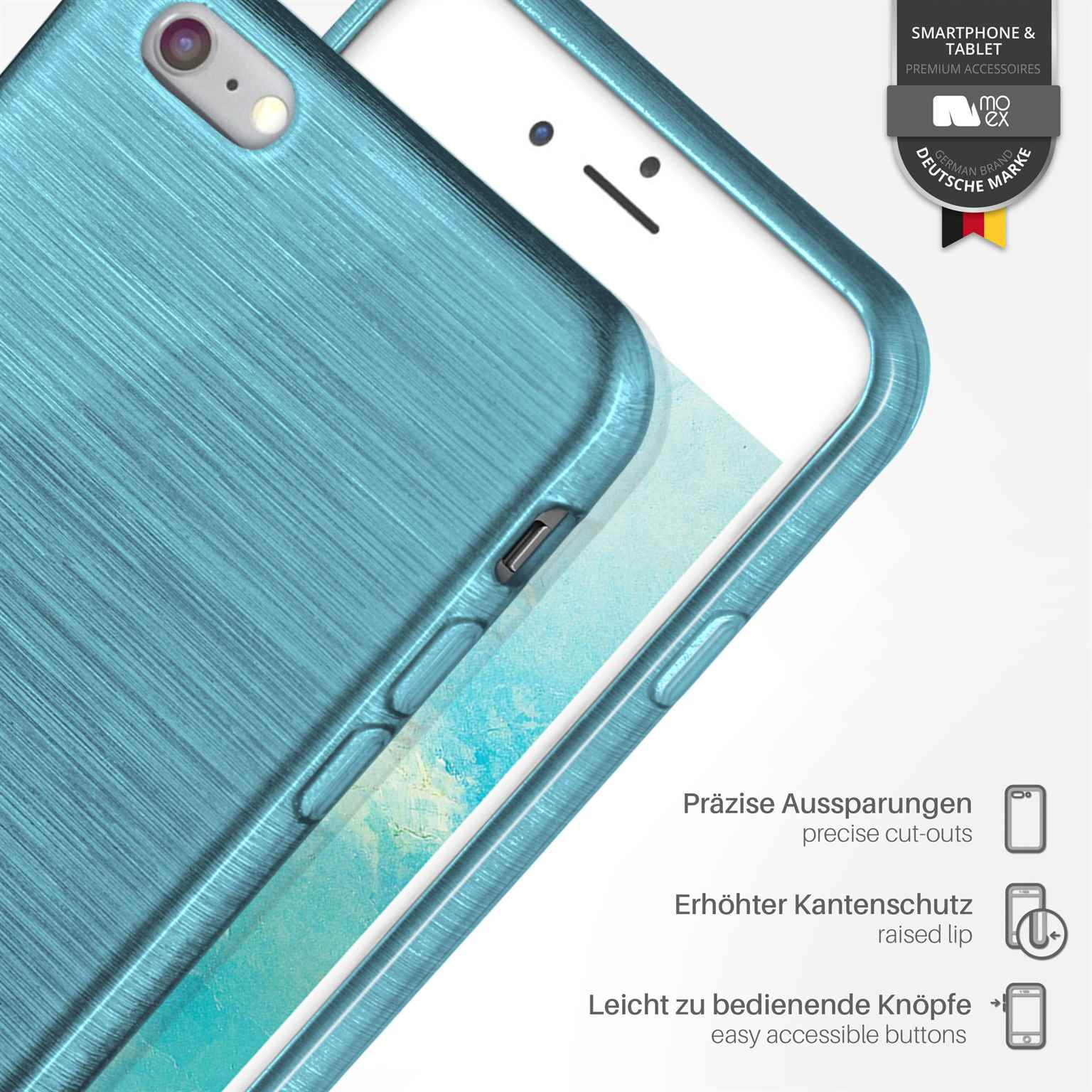 Blaue Handyhülle mit Metallic-Look, mit Text und Symbolen. Weißer Hintergrund.