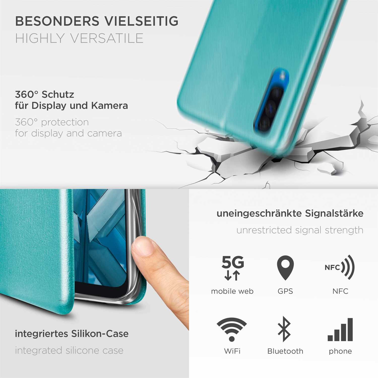 Eine Handyhülle mit einem Telefon und Text, der die Funktionen des Telefons erklärt.