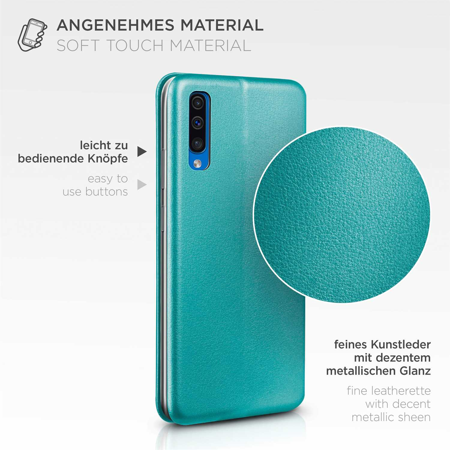 Türkisfarbene Handyhülle mit Telefon im Inneren. Text über Soft-Touch-Material und Kunstleder.