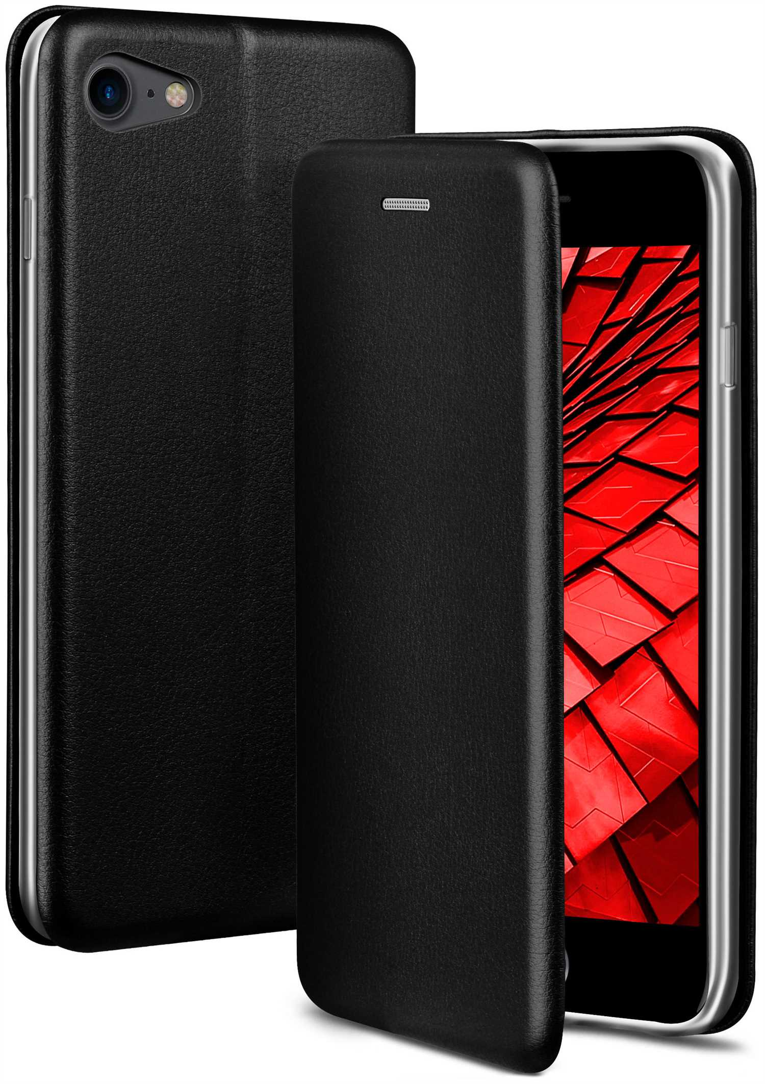Schwarze Handyhülle mit dem Telefon davor. Roter Hintergrund. Schwarzes Leder, abgewinkelt.