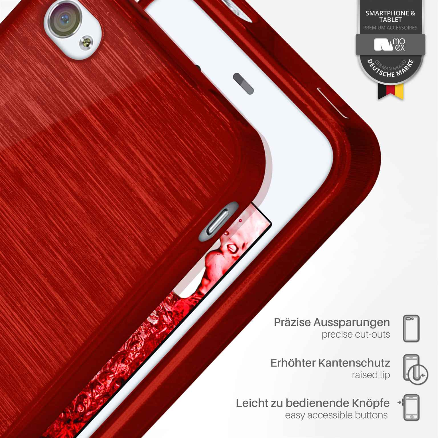 Eine rote Handyhülle mit detailliertem Design. Es hat Aussparungen, erhöhte Kanten und einfach zu bedienende Tasten.