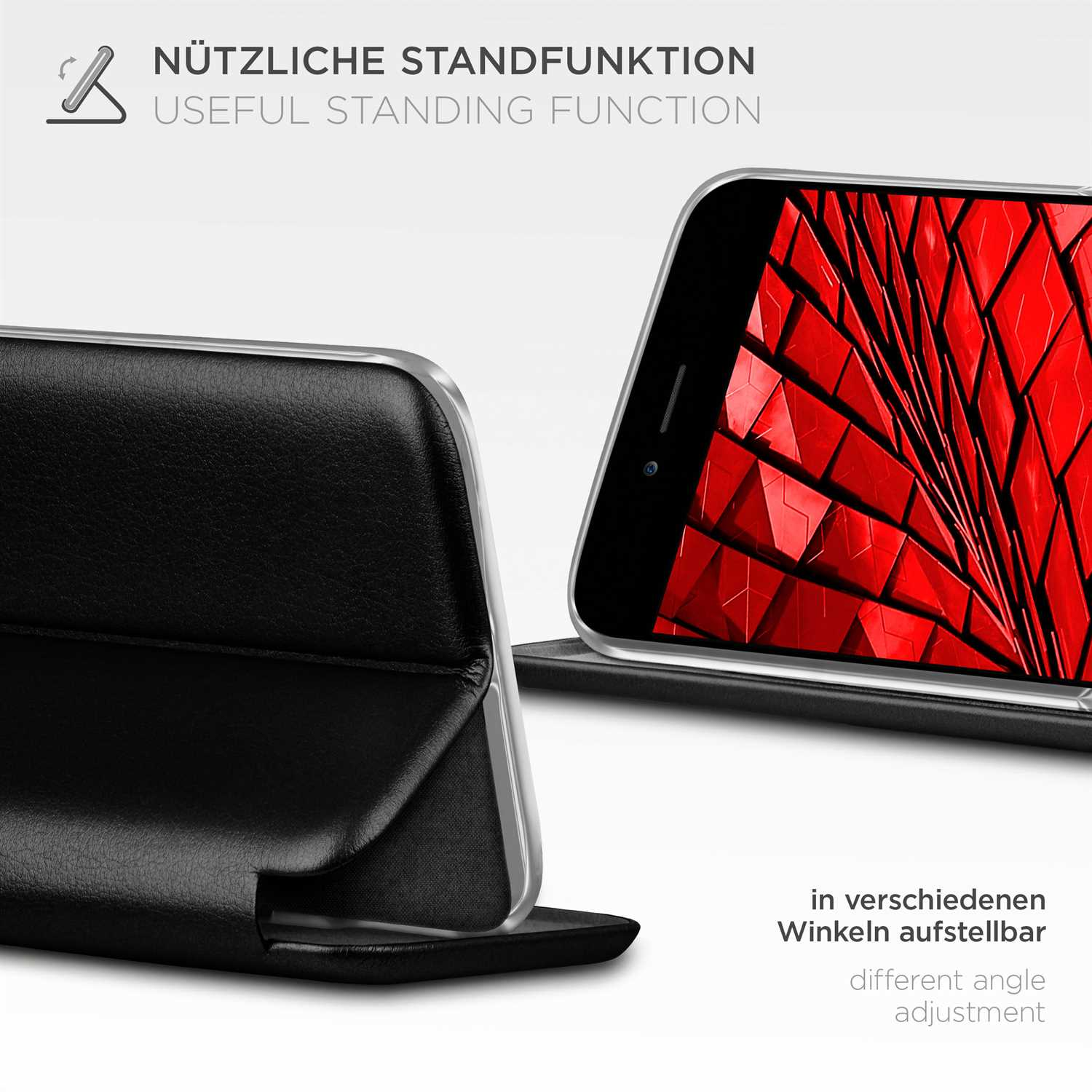 Ein Telefon in einer Hülle. Die Hülle ist geöffnet und das Telefon ist schräg aufgestellt.