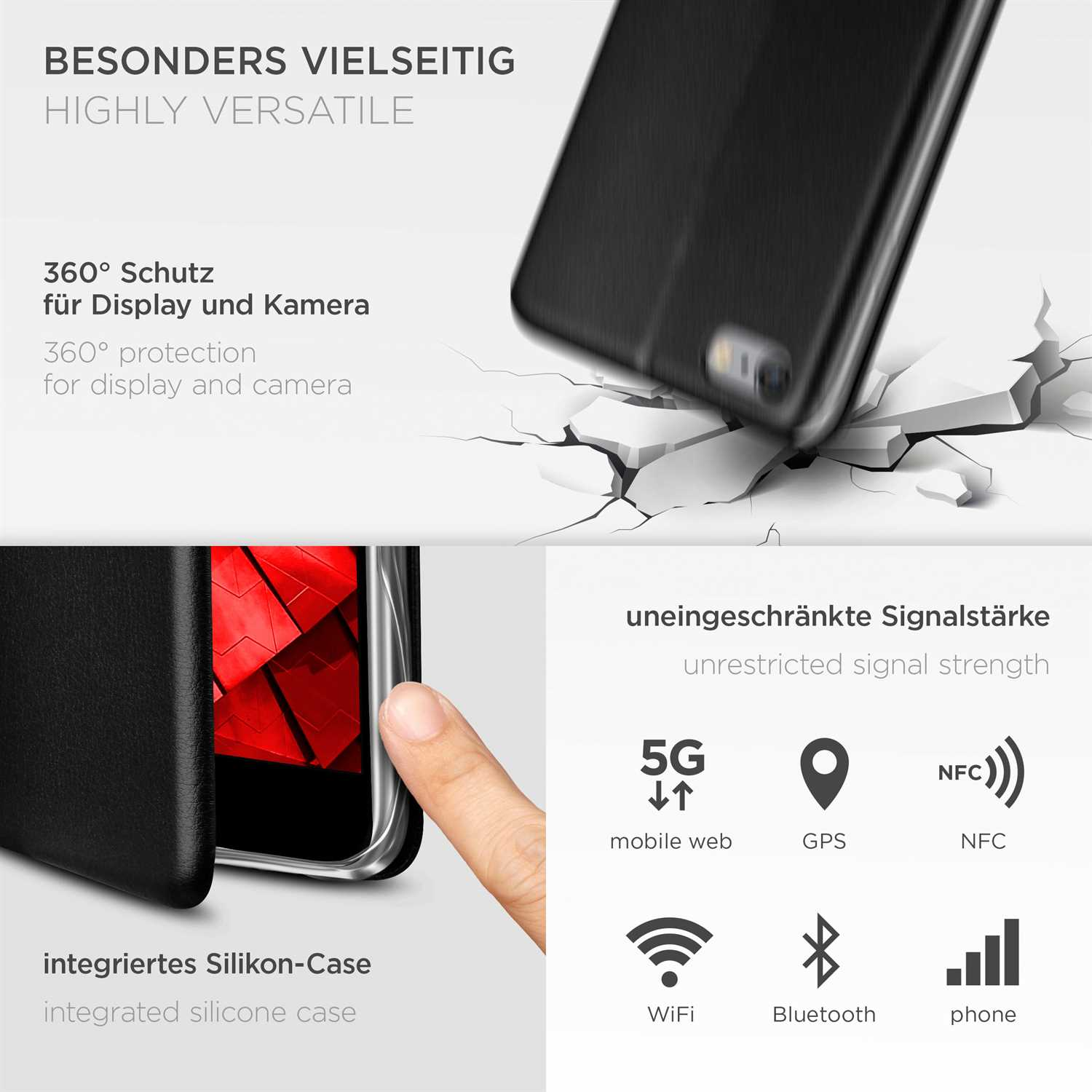 Schwarze Handyhülle mit Symbolen für 5G, GPS, NFC, WLAN, Bluetooth und einem Telefonsignal.