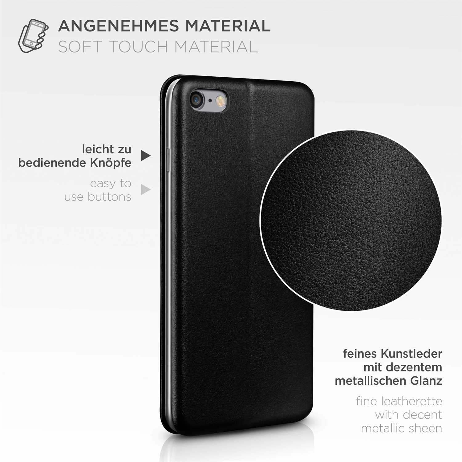 Schwarze Handyhülle mit Nahaufnahme der Textur. Text kennzeichnet die Soft-Touch-Oberfläche und die einfachen Knöpfe.