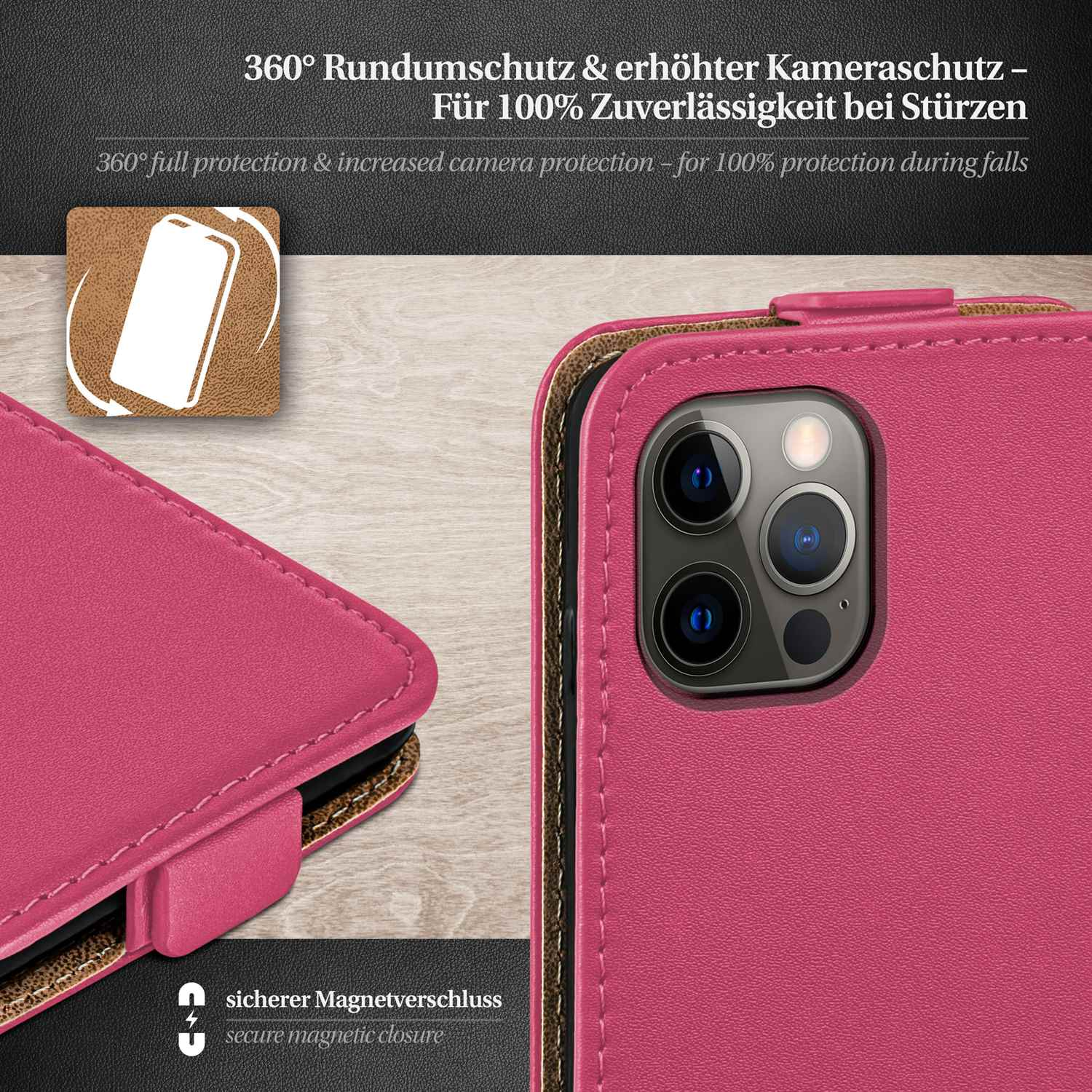 Geöffnete pinkfarbene Handyhülle mit Kartenfach. Text über vollen Schutz und Magnetverschluss.