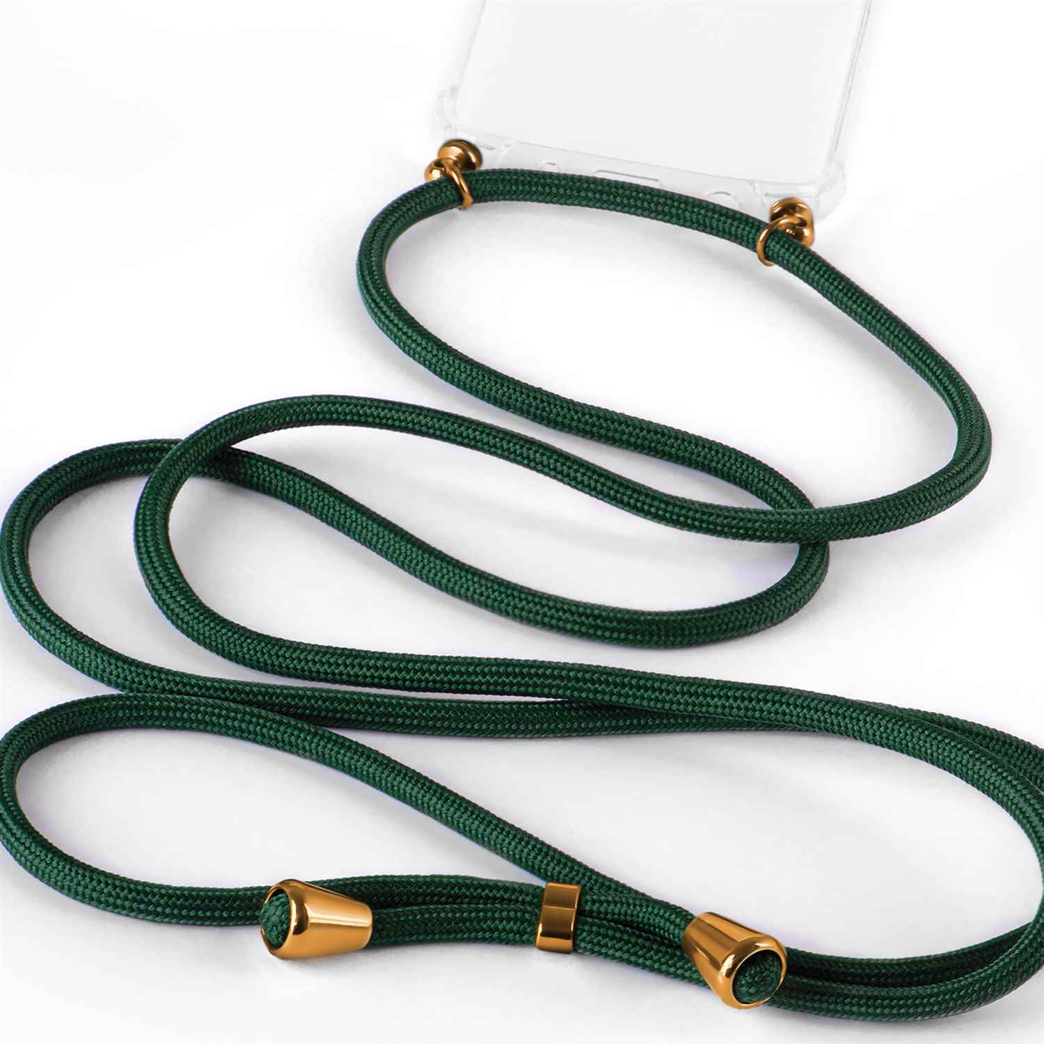 Grünes Telefon-Lanyard mit goldenen Kegelenden und einem Goldring. Weißer Hintergrund.