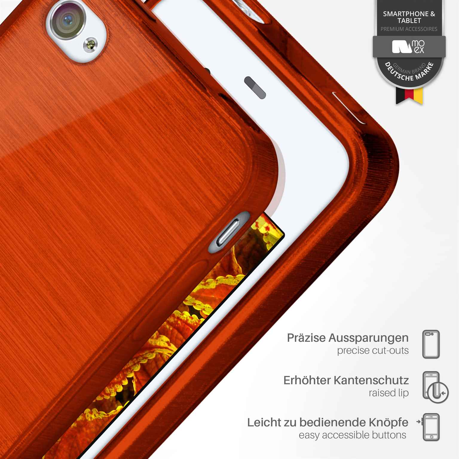 Orangene Handyhülle mit präzisen Aussparungen und erhöhter Lippe. Deutsches Markenlabel mit Text.