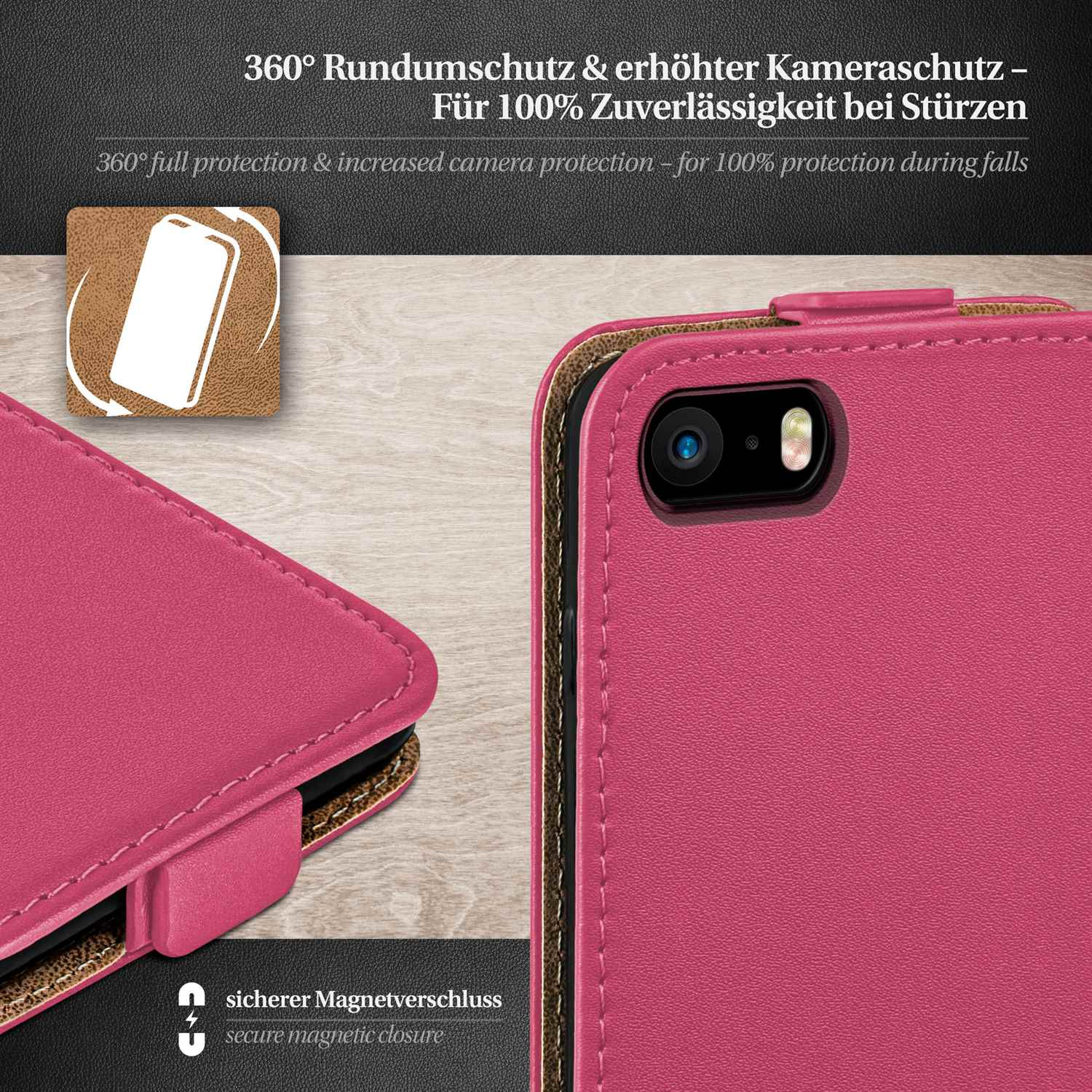 Rosa Handyhülle mit Magnetverschluss. Text: 360° Rundumschutz und erhöhter Kameraschutz.