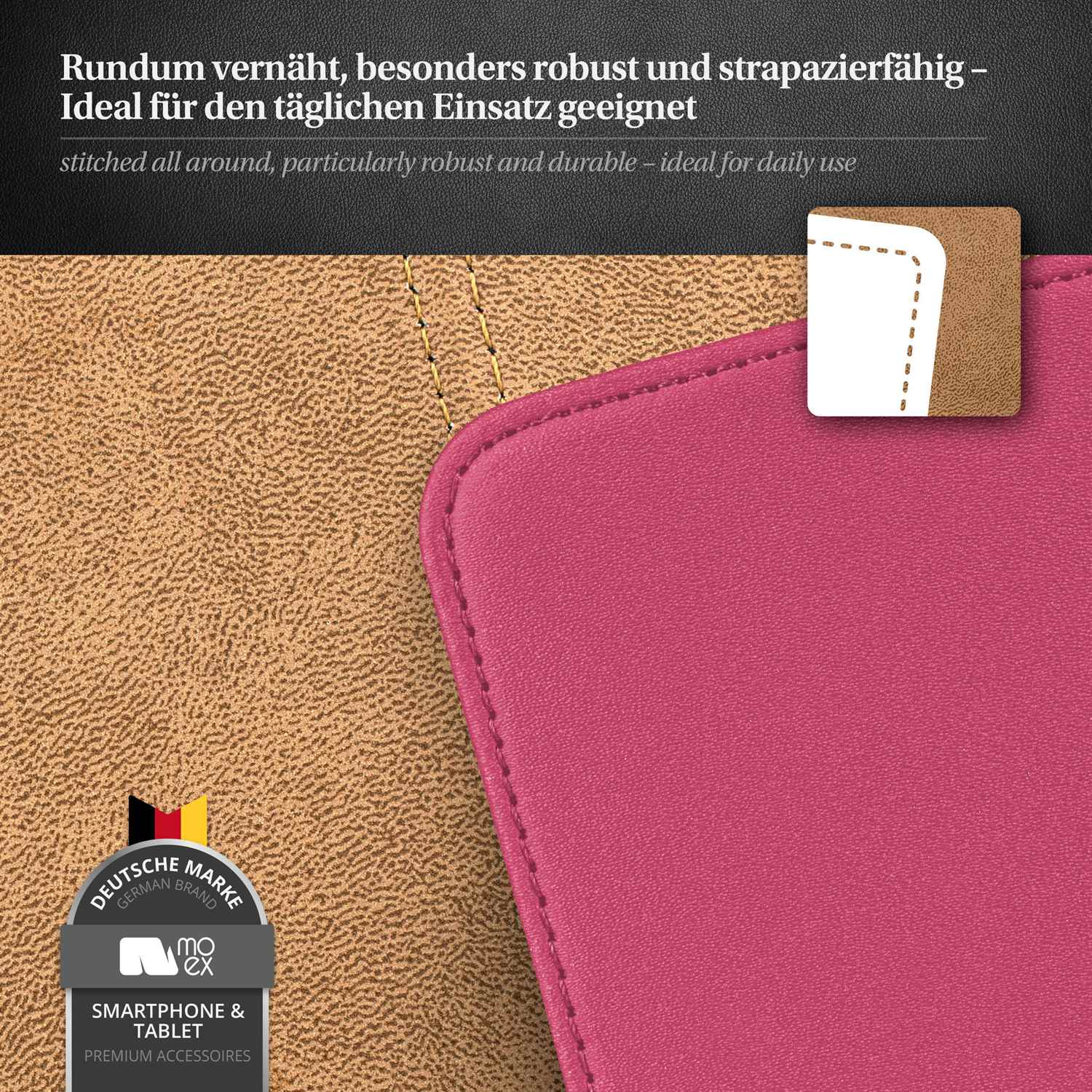 Nahaufnahme eines rosa-braunen Lederetuis mit Text auf Deutsch und Englisch.