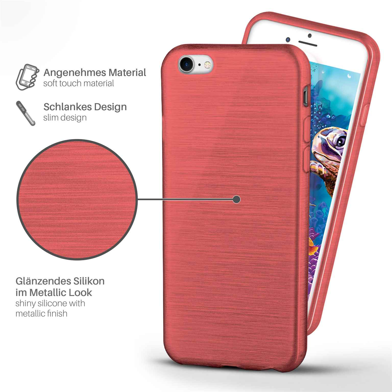 Rote Handyhülle mit Telefon. Die Hülle hat einen metallischen Look und ist soft.