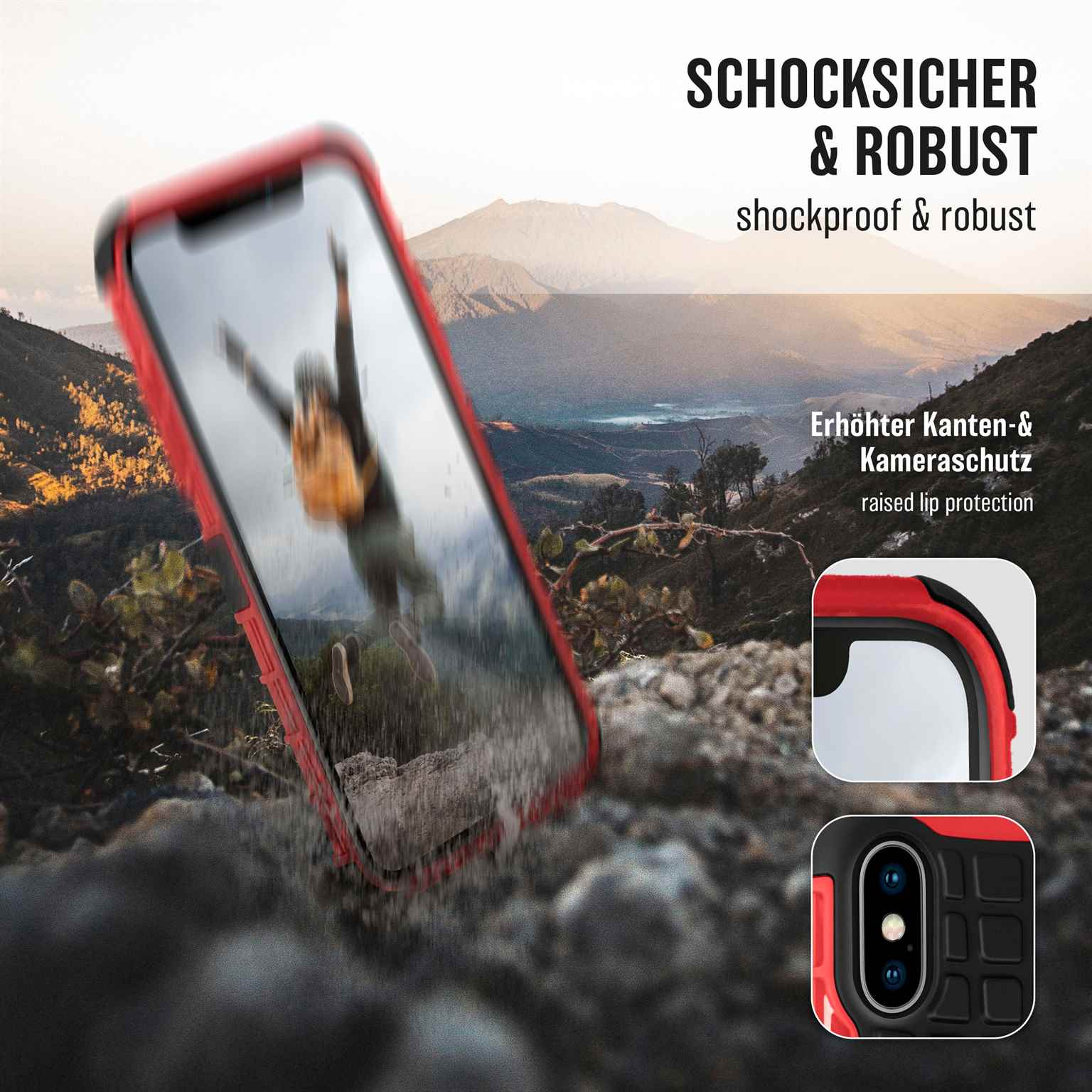 Rote Handyhülle schützt ein Telefon; Hintergrund zeigt eine Berglandschaft mit Text.