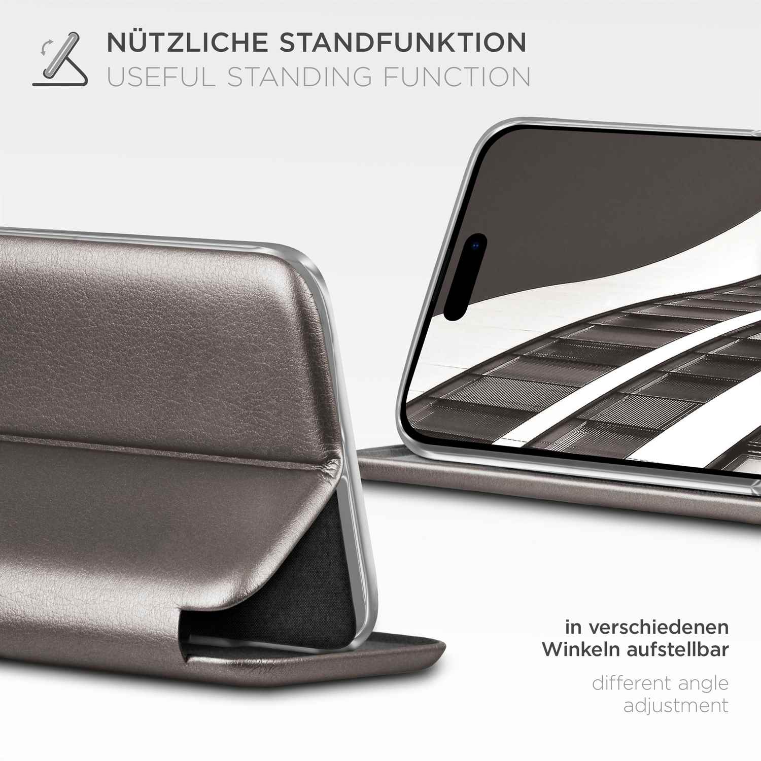 Eine Handyhülle in Stehposition. Text auf Deutsch sagt 'Nützliche Standfunktion'.