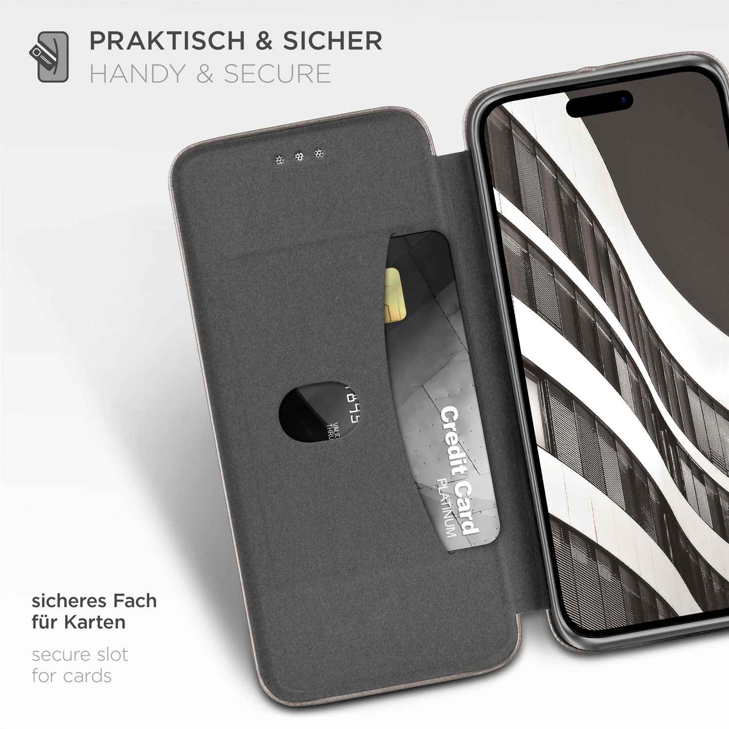 Eine Handyhülle wird geöffnet, um einen Kreditkarten-Slot zu zeigen. Text: Sicheres Fach für Karten.