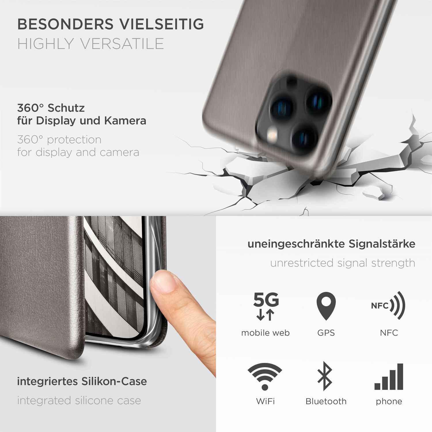 Graue Handyhülle mit Text: Hochgradig vielseitig. Merkmale 360° Schutz, und 5G, NFC, WiFi usw. Symbole.