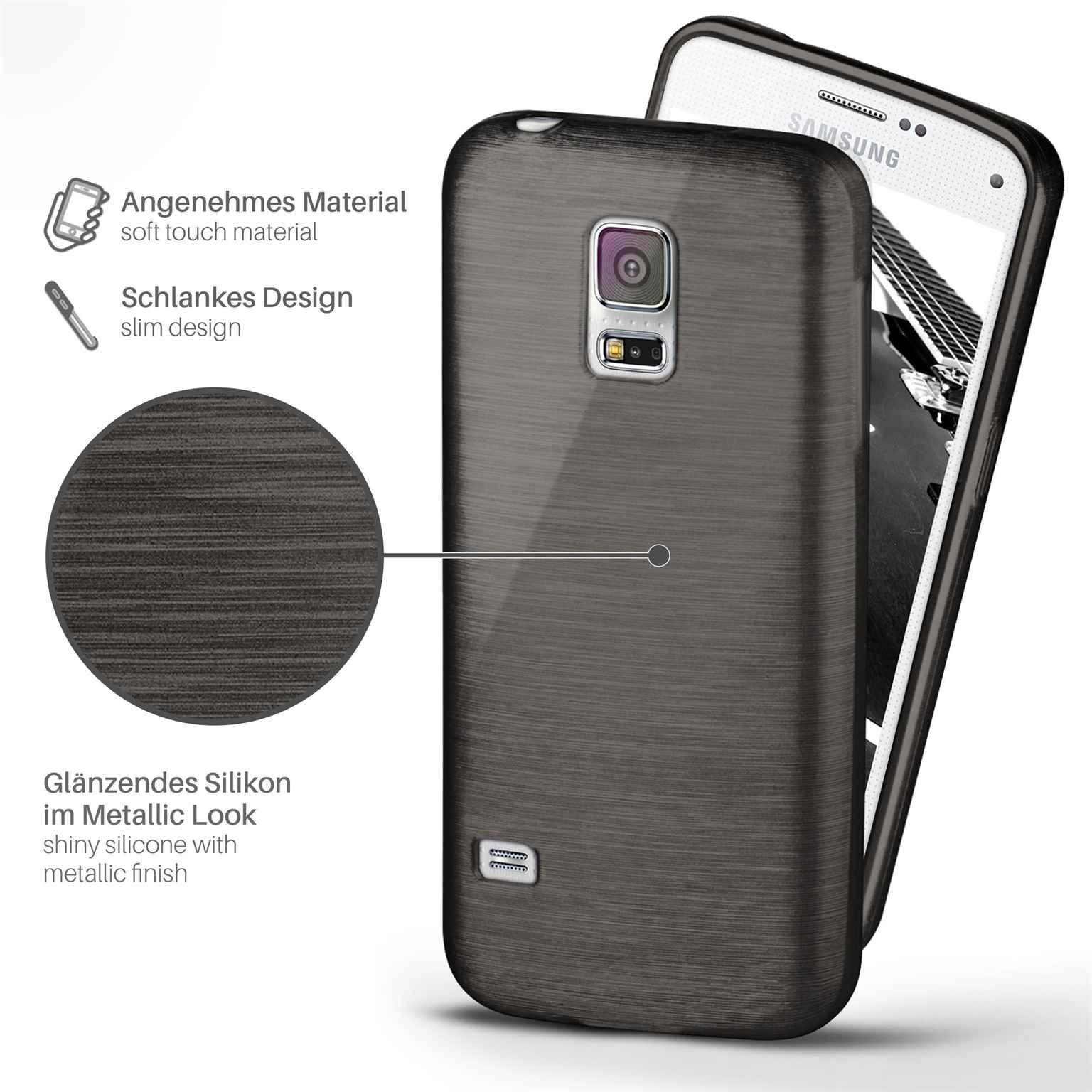 Eine Handyhülle mit dunklem, metallischem Finish und einem Telefon darin. Es hat auch ein Soft-Touch-Material.