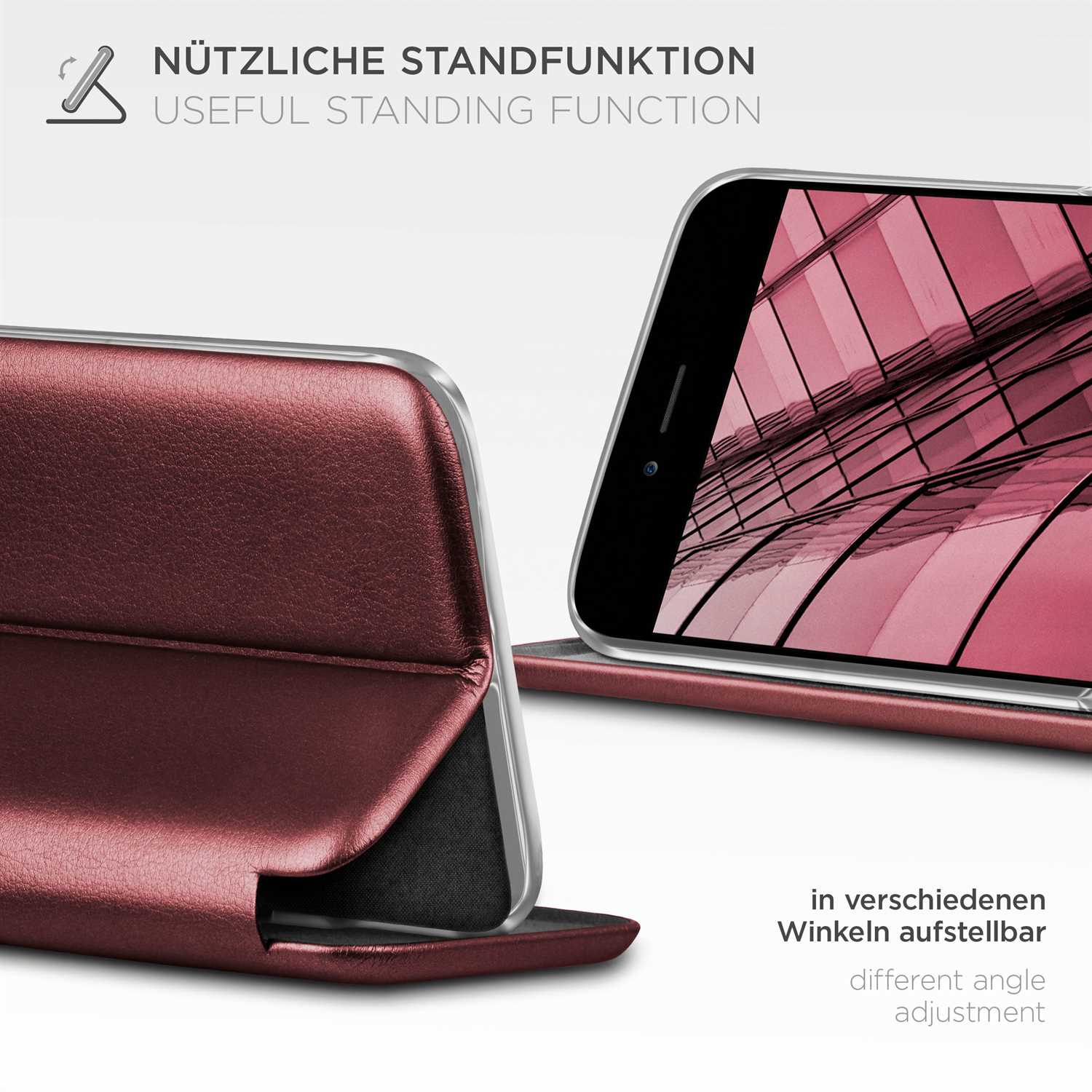 Burgunderfarbene Handyhülle mit Telefon, das in einem Winkel aufgestellt ist.