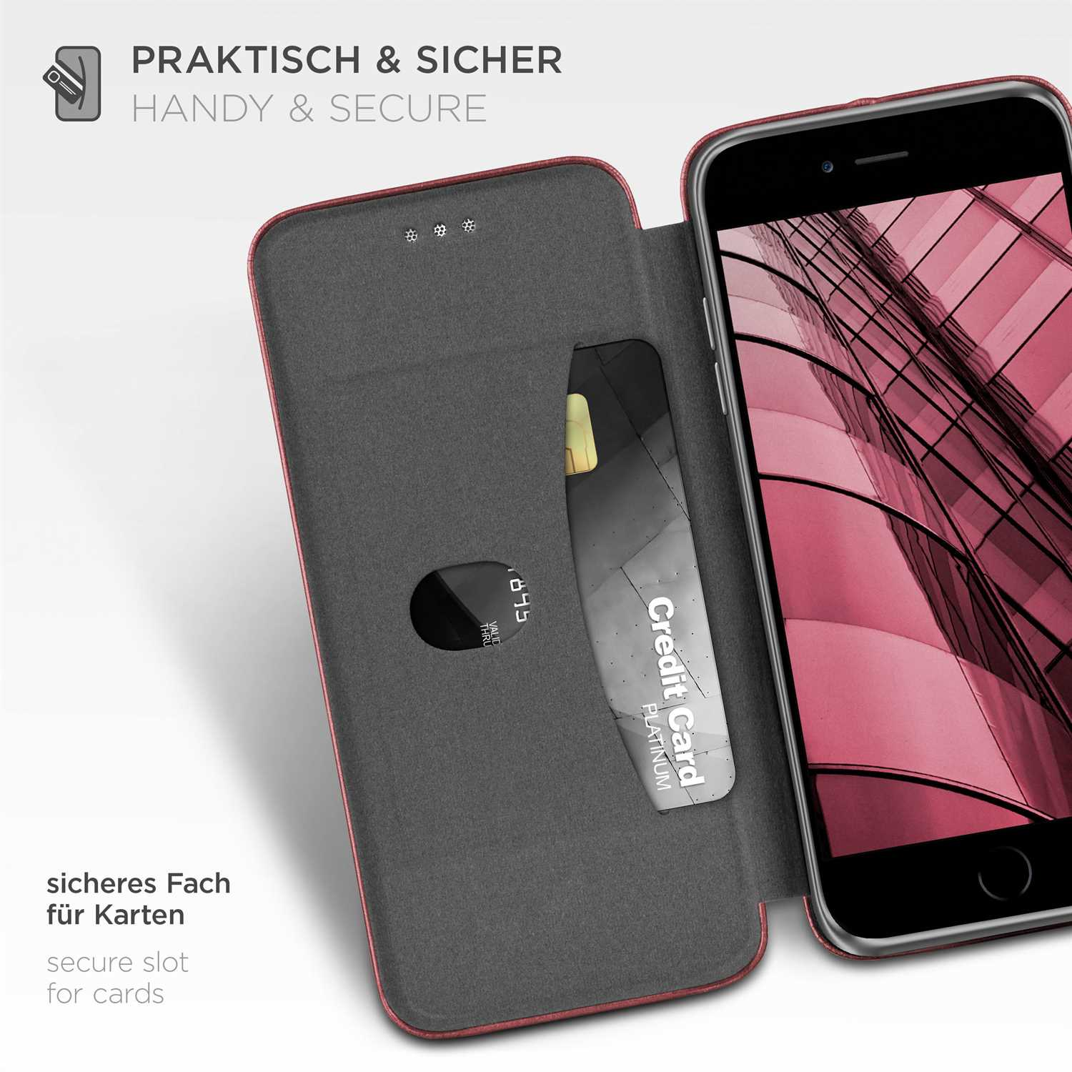 Eine Handyhülle mit Telefon. Die Hülle ist schwarz und hat einen Kreditkarten-Steckplatz. Text: handlich & sicher.
