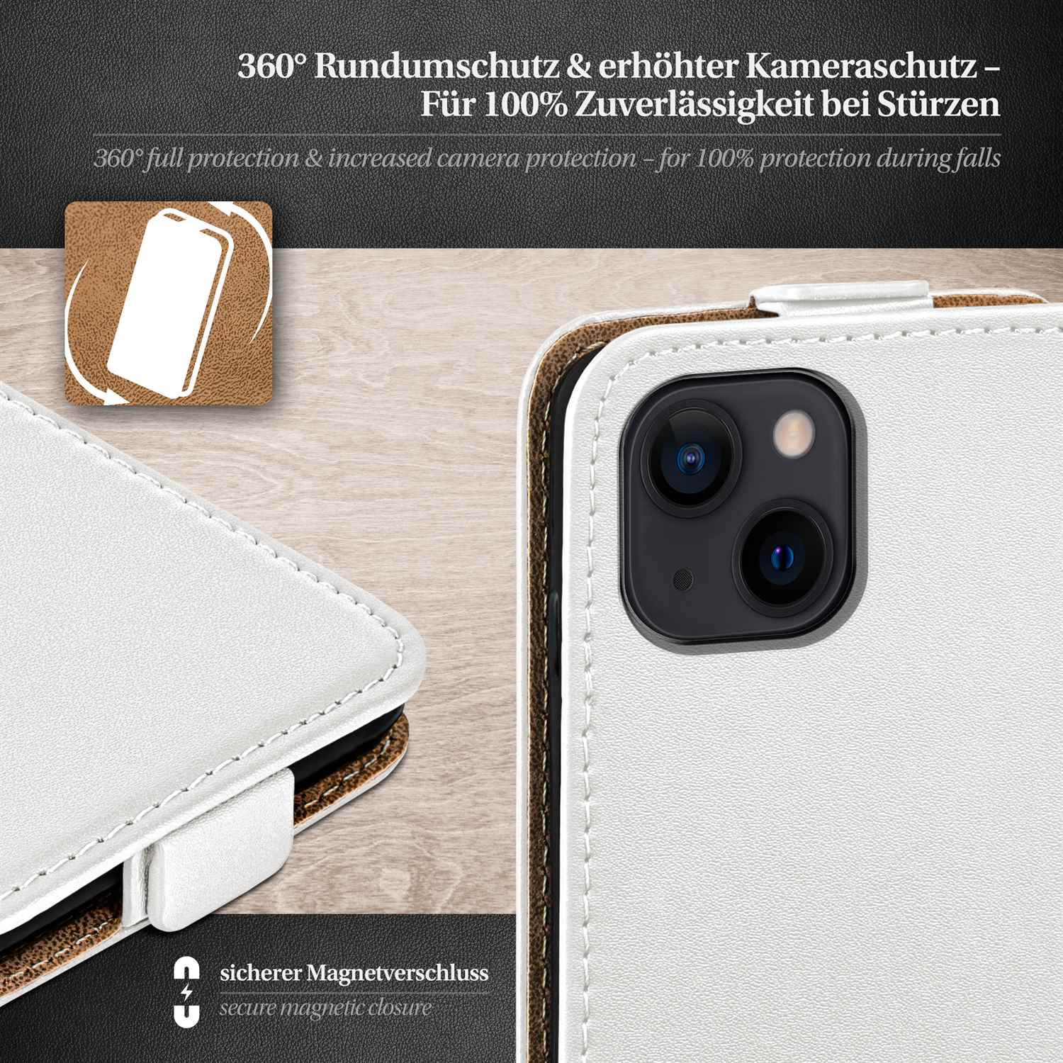 Weißes Handycase mit sicherem Magnetverschluss und Kameraschutzdesign.