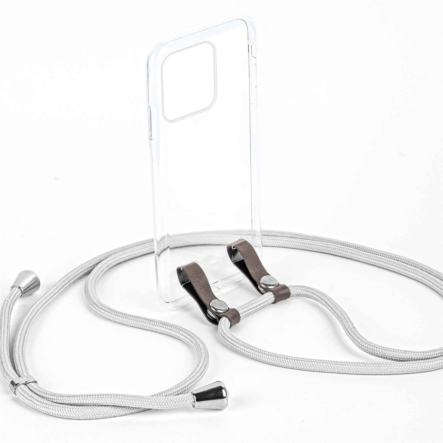 Transparente Handyhülle mit grauem Schlüsselband. Silberne Metallaufsätze. Schlüsselband ist an der Hülle befestigt.