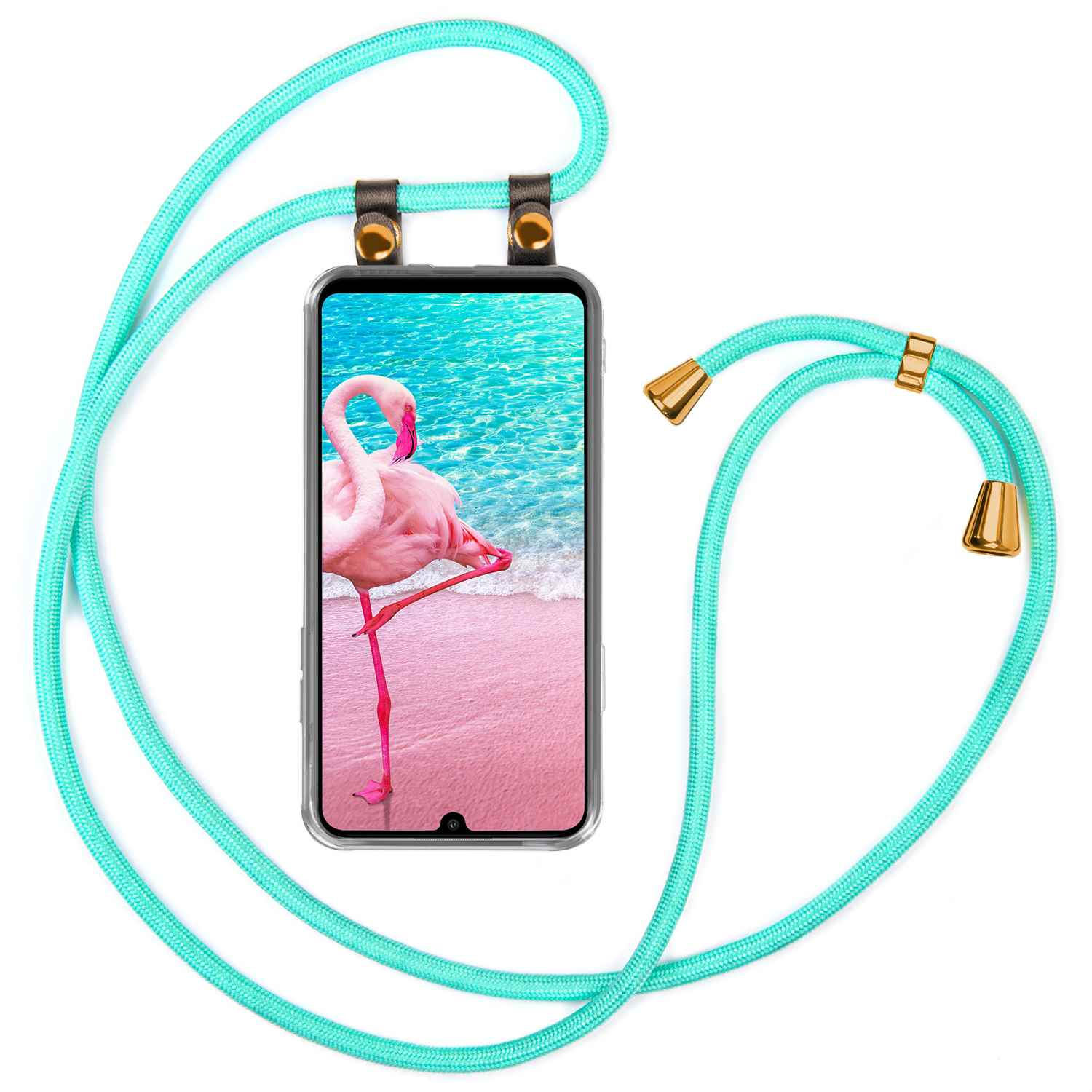 Telefon mit Flamingo-Foto, türkisfarbene Kordel.