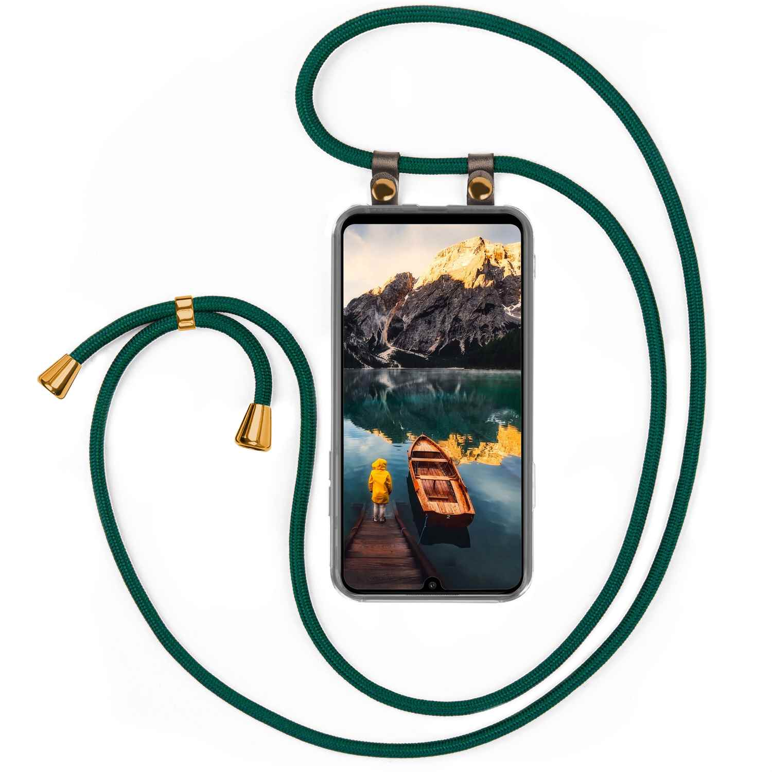 Telefon mit Seeblick und grünem Seil. Der Bildschirm zeigt ein Boot und eine Person auf einem Steg.