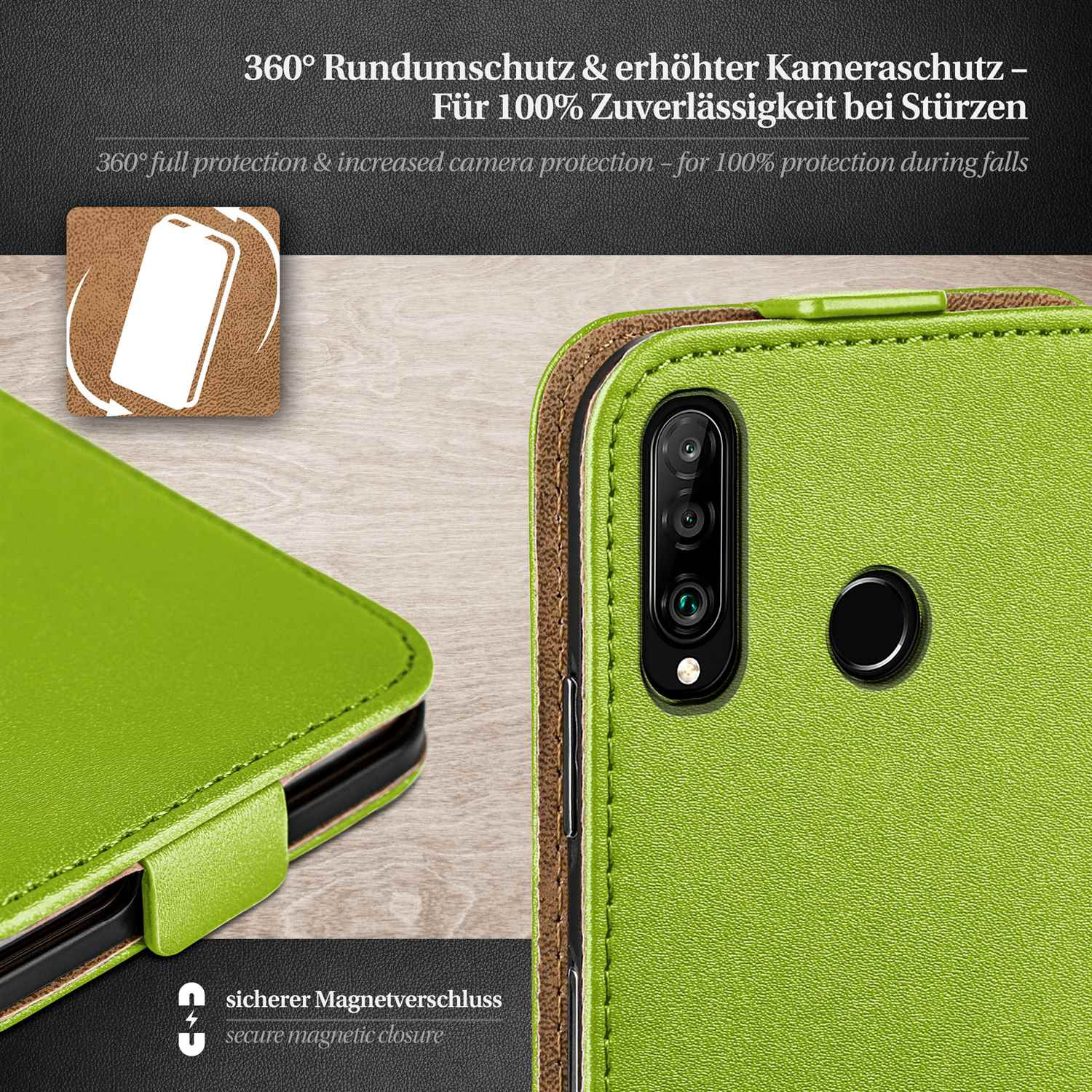 Grüne Handyhülle mit Telefon. Text: 360° Rundumschutz und sicherer Magnetverschluss.