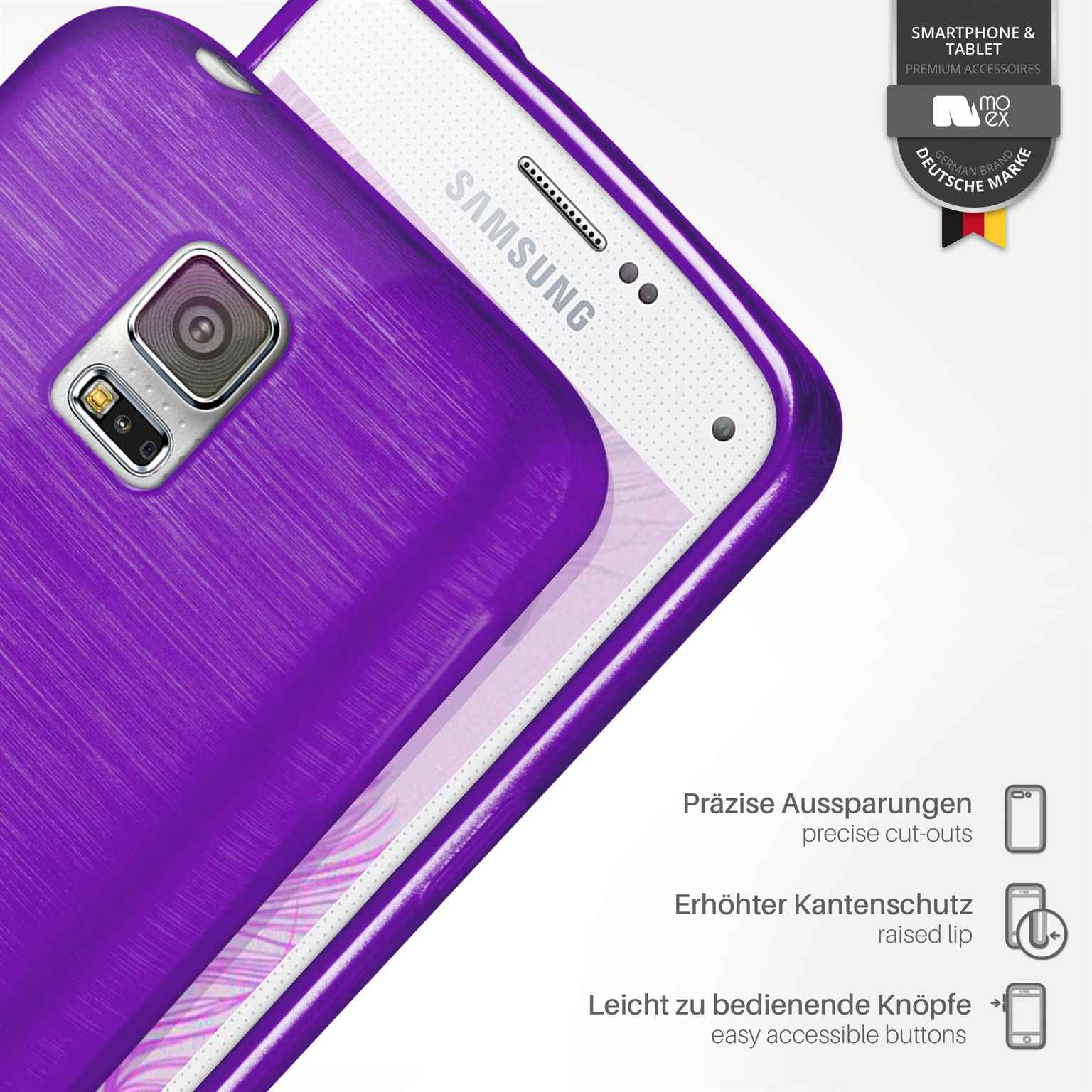 Lila Handyhülle mit Text. Samsung-Logo. Präzise Aussparungen, erhöhte Lippe und einfache Tasten.
