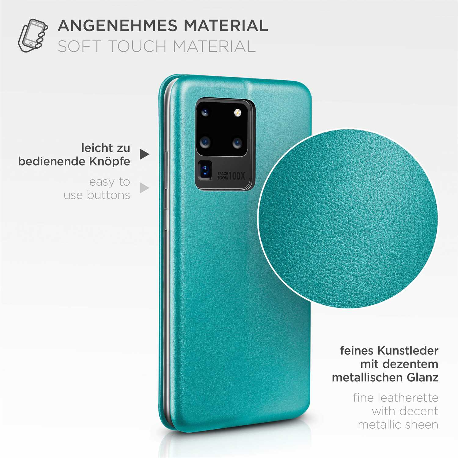 Türkisfarbene Handyhülle mit Text: Soft-Touch-Material, einfach zu bedienende Tasten und feines Kunstleder.