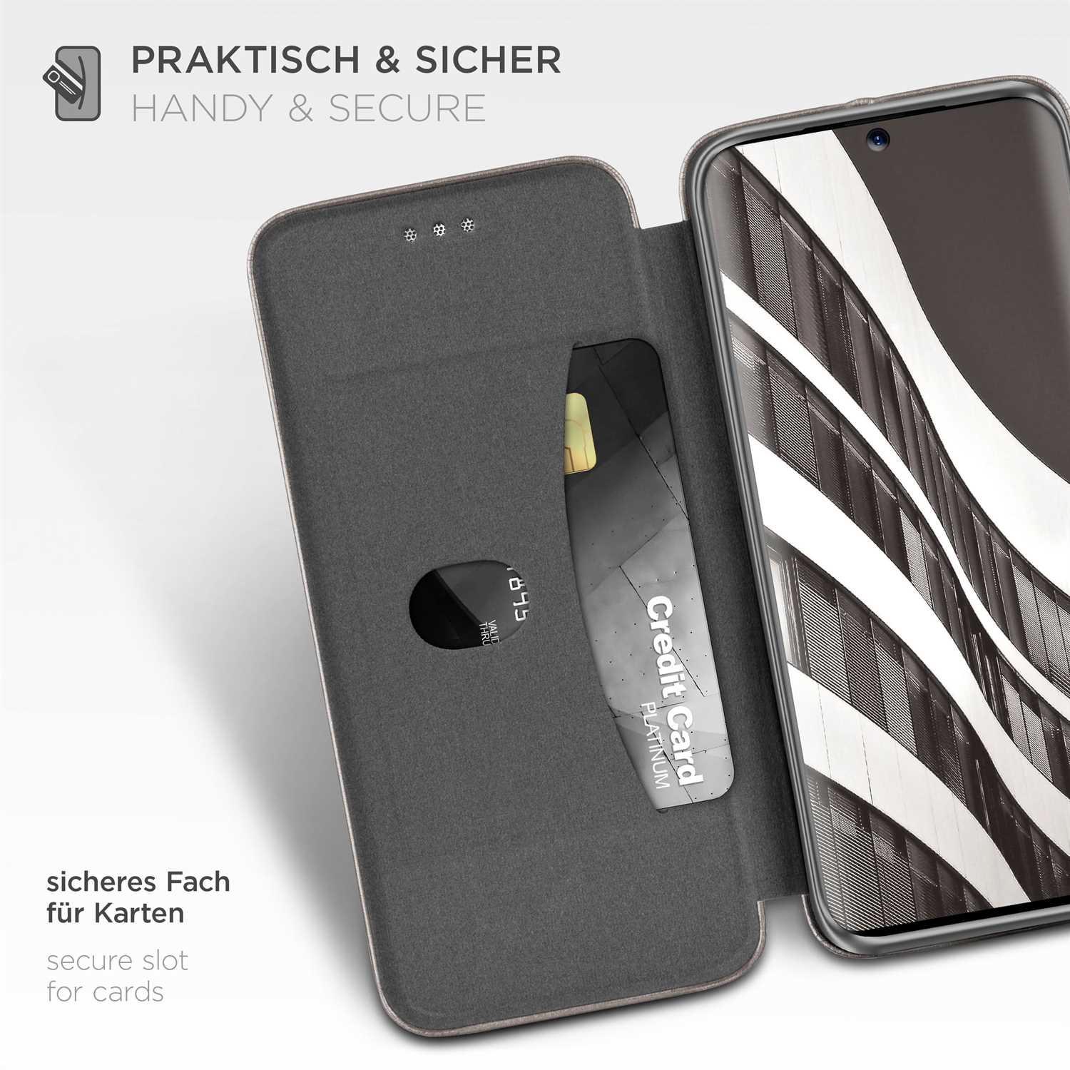 Eine Handyhülle offen, mit einem Kreditkartenfach. Eine Kreditkarte ist sichtbar.