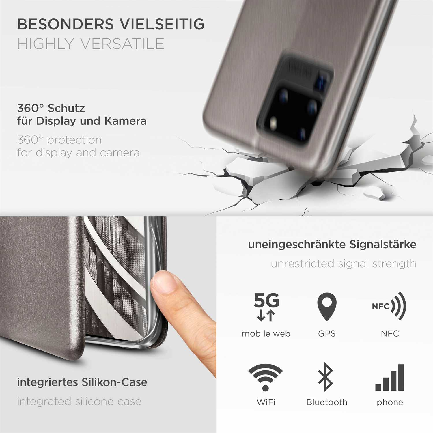 Handyhülle mit Funktionen: 360° Schutz, integrierte Silikonhülle, 5G, GPS, NFC, WLAN, Bluetooth, Telefon.