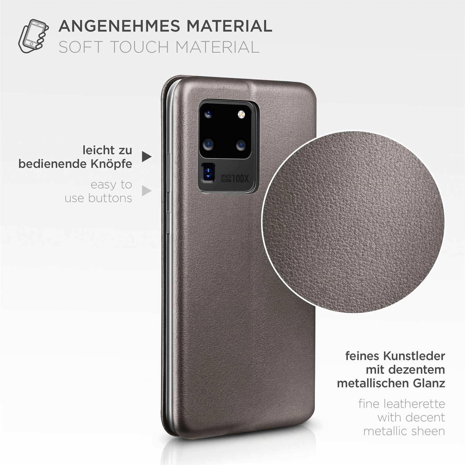 Nahaufnahme einer Handyhülle mit Metallic-Finish, Telefon innen. Text beschreibt einfach zu bedienende Knöpfe.