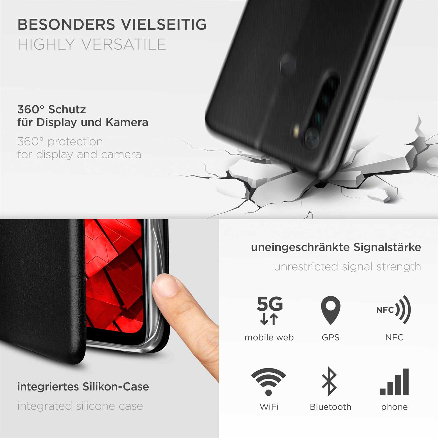 Handyhülle mit integrierter Silikonhülle, 360° Schutz für Display und Kamera.