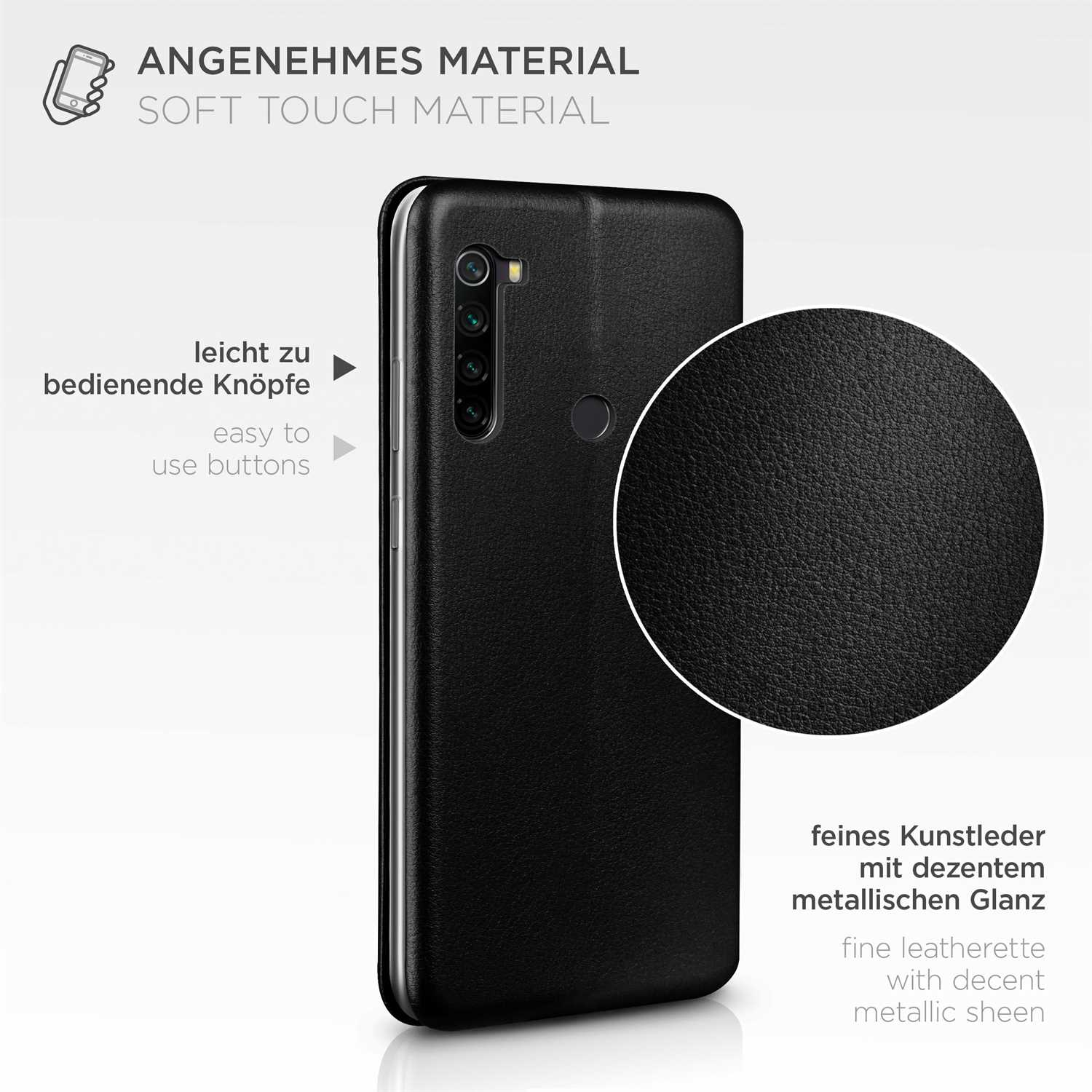 Schwarze Handyhülle mit strukturierter Oberfläche. Text: Soft-Touch-Material, leicht zu bedienende Knöpfe.