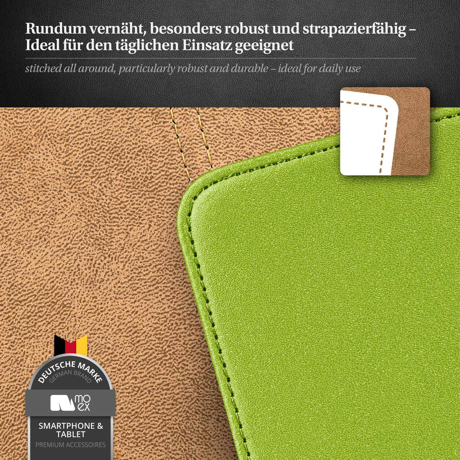 Nahaufnahme einer braunen und grünen Handyhülle mit Nähten und Text.